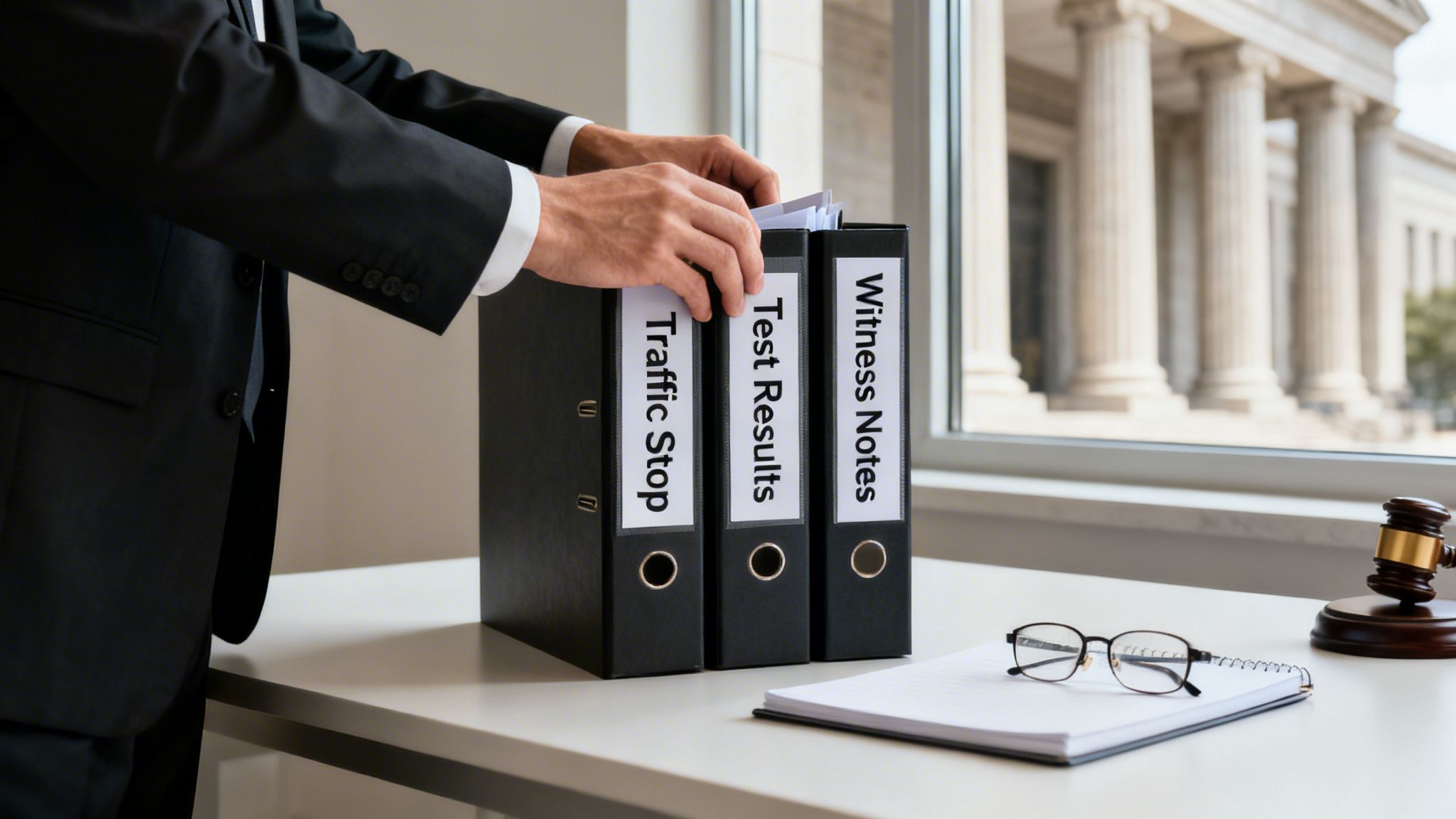 A lawyer organizes legal files labeled 'Traffic Stop' and 'Witness Notes' with a courthouse view.