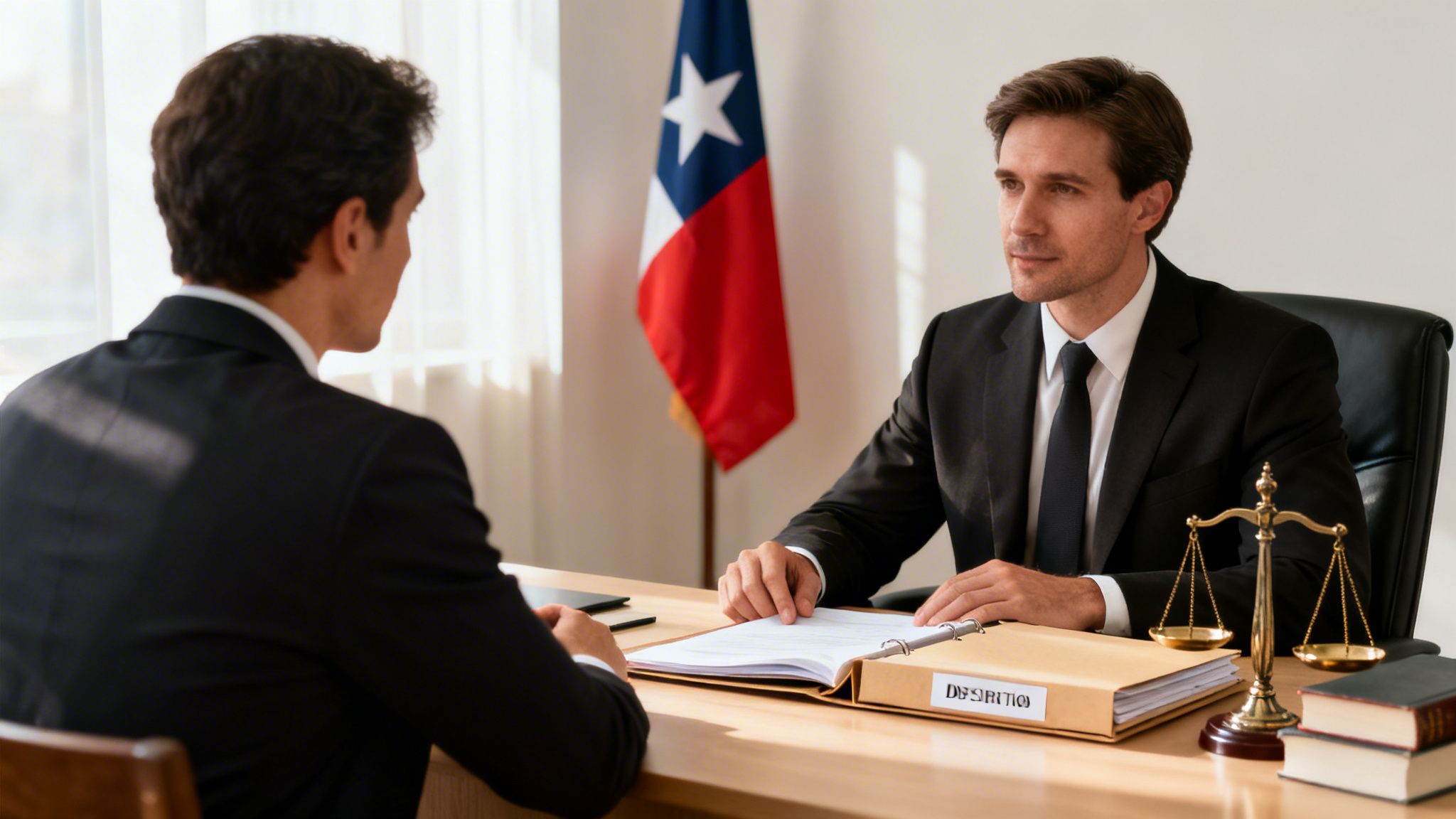 Two men in suits discuss at a legal office desk with a Chilean flag and justice scales.