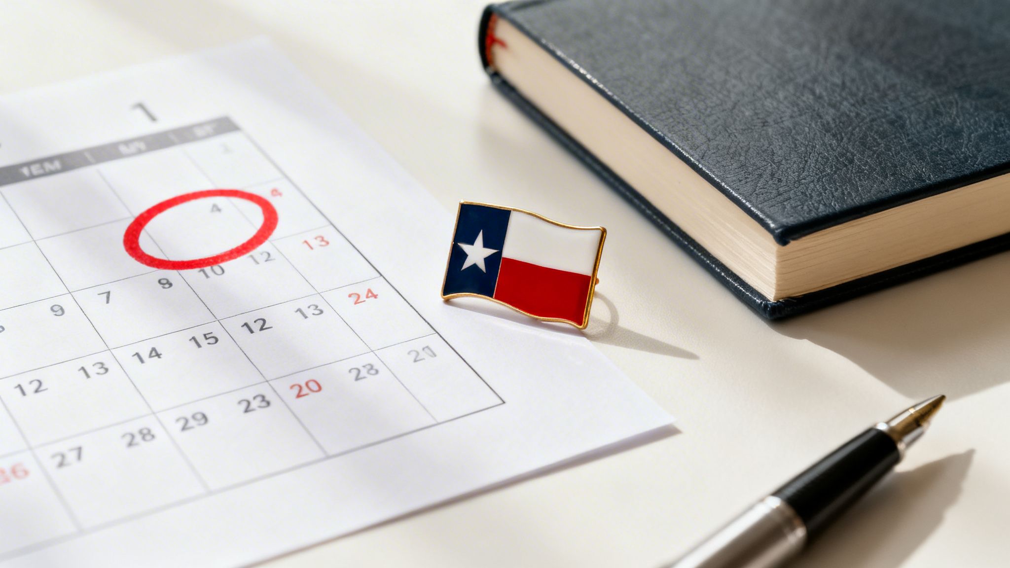 A calendar with date 4 circled in red, a Texas flag pin, a dark blue book, and a pen.