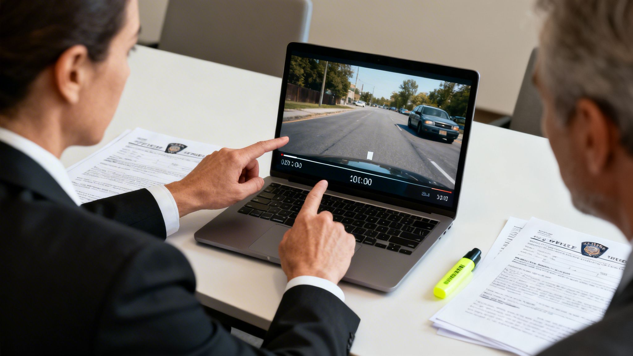 Professionals review dashcam video footage on a laptop, analyzing car movement on a road.
