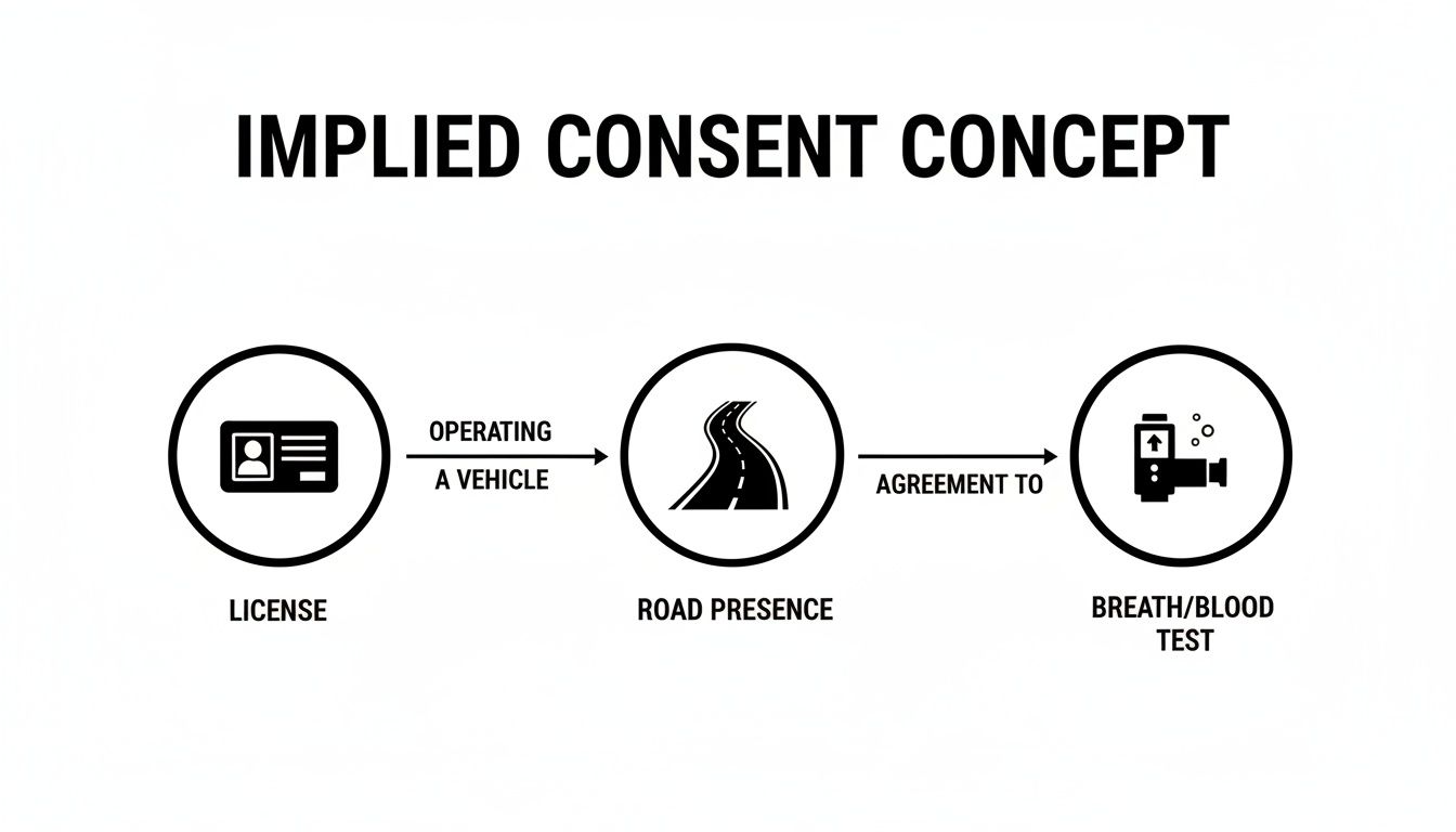 Diagram illustrating the implied consent concept flow: license, operating a vehicle, road presence, agreement to breath/blood test.