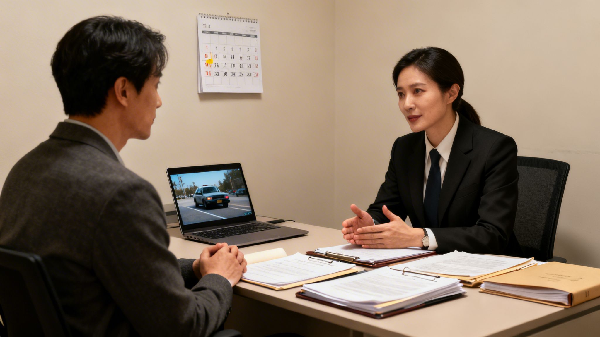Two professionals in suits discuss across a desk with documents and a laptop displaying a car video.