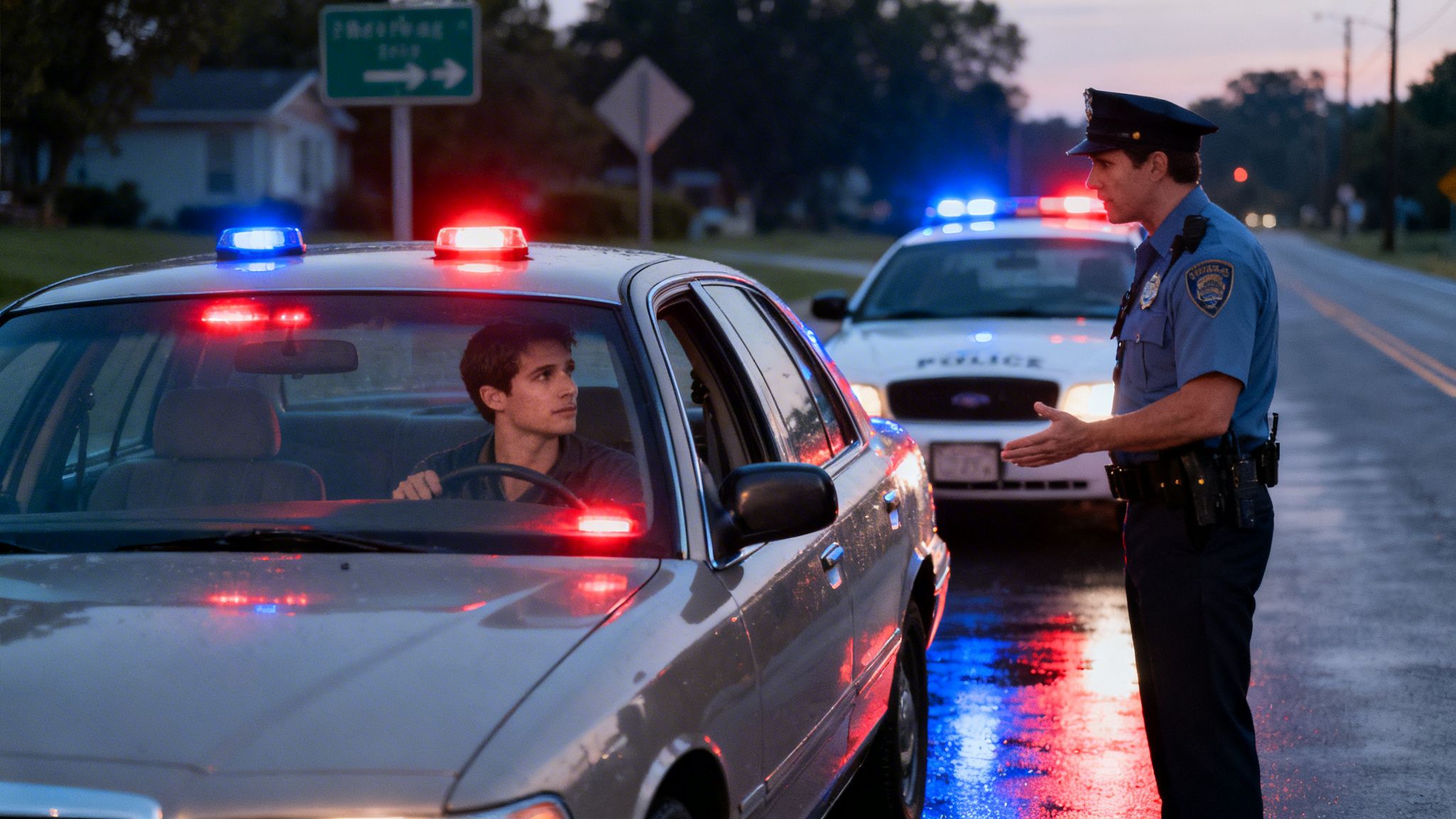 A police officer talks to a young man in a car at dusk, with flashing lights reflecting on the wet road.