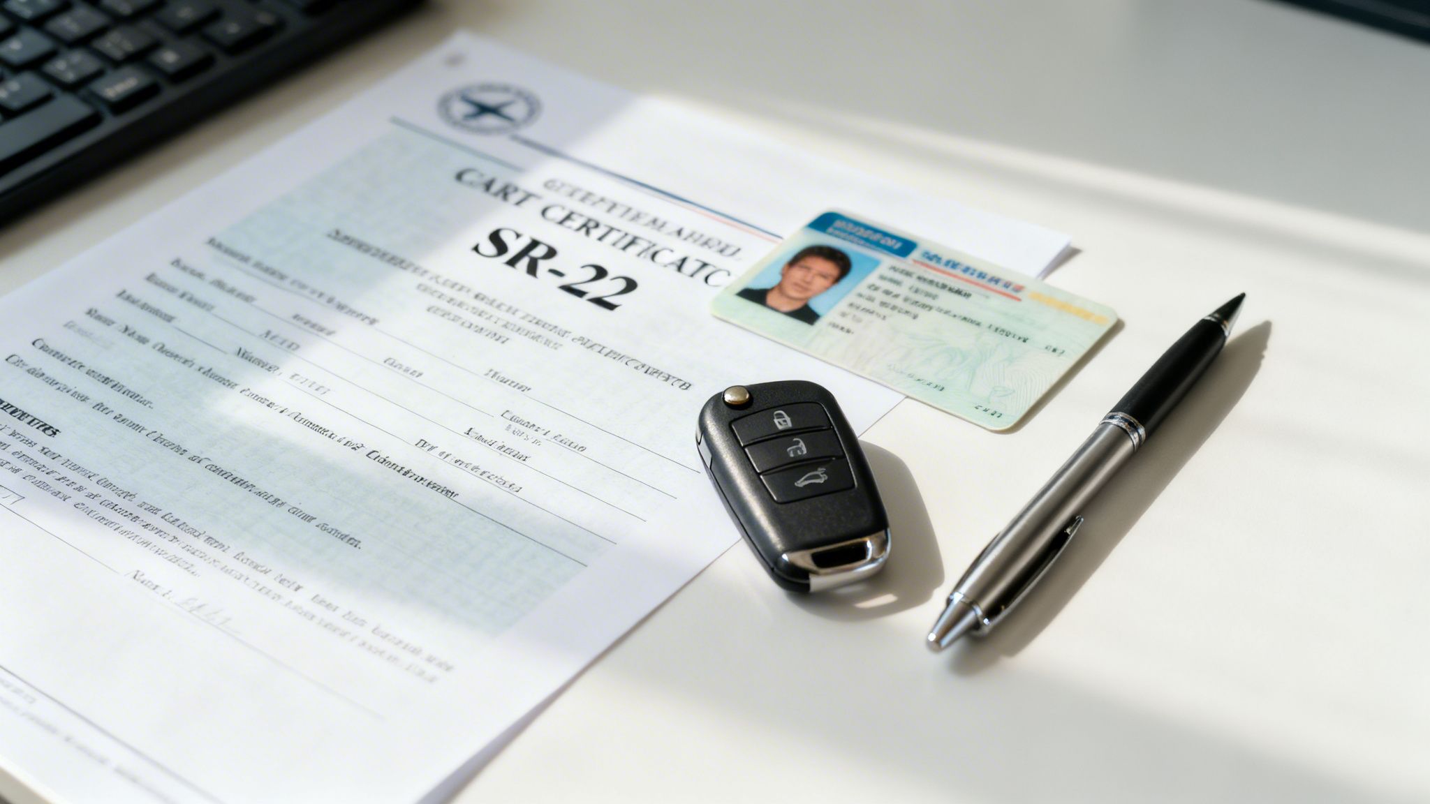 A car key, driver's license, SR-22 certificate, and pen are neatly arranged on a white desk, representing driving documents.