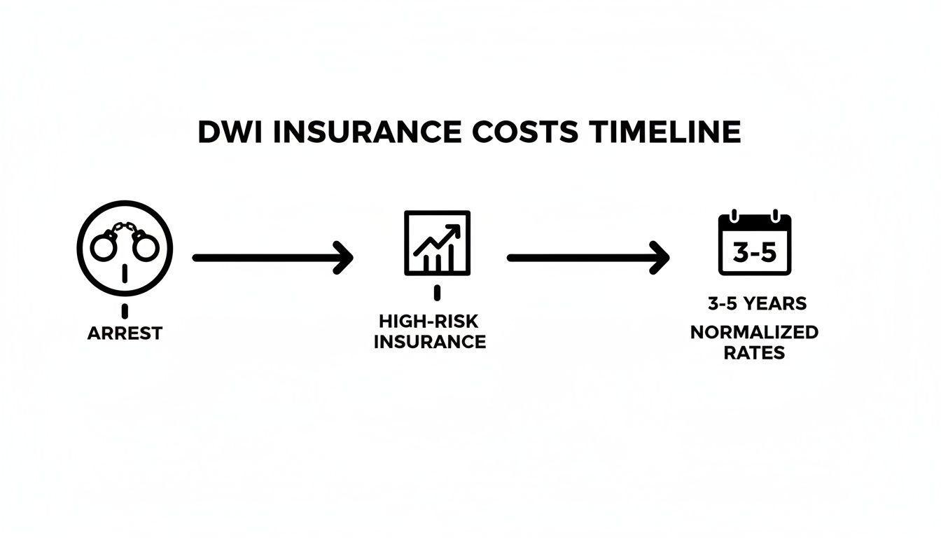 A timeline illustrating DWI insurance costs, starting with arrest, leading to high-risk insurance, and finally normalized rates after 3-5 years.