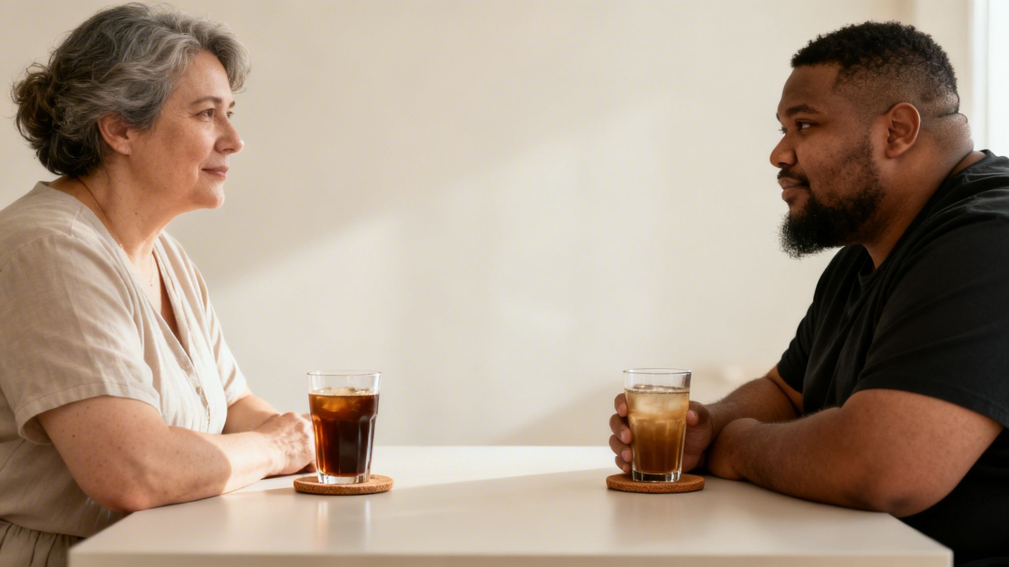 An older woman and a Black man sit opposite each other with iced drinks, engaged in conversation.