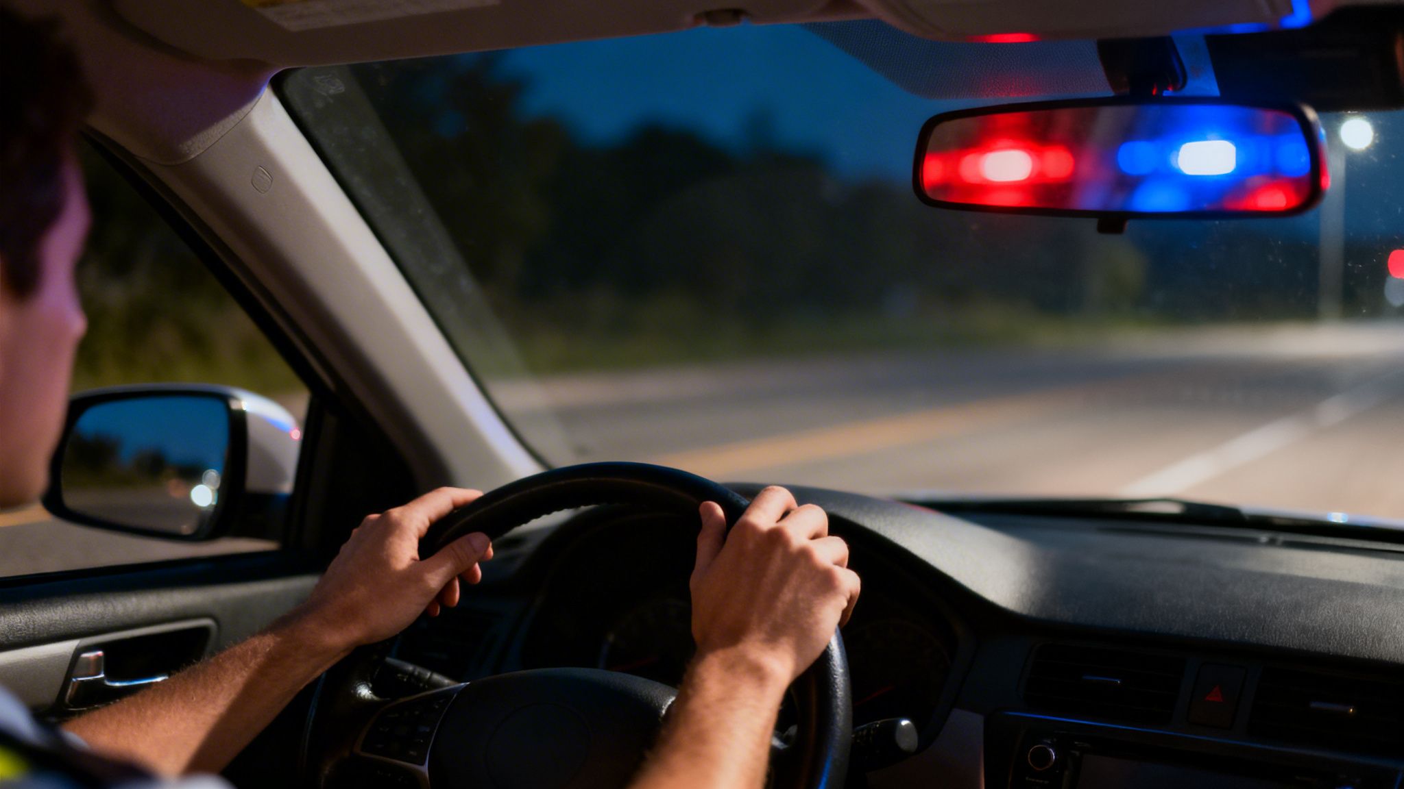 A person driving at night, seeing flashing red and blue police lights in the rearview mirror.
