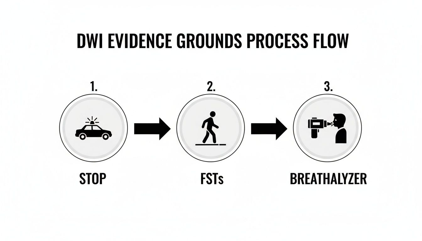Flowchart illustrating the DWI evidence collection process: stop, field sobriety tests, and breathalyzer.