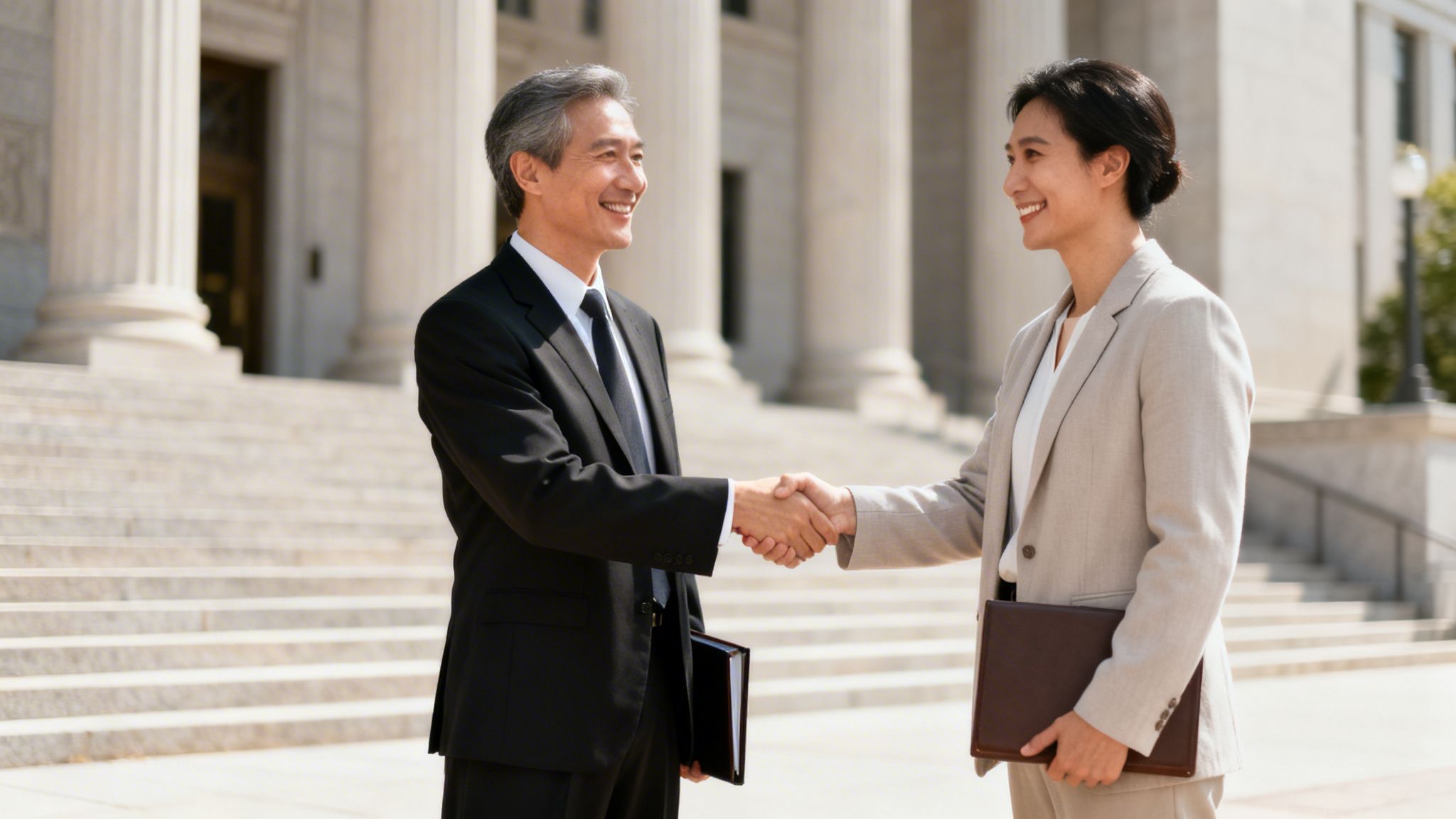 Two smiling Asian legal professionals shaking hands outside a courthouse, holding folders.