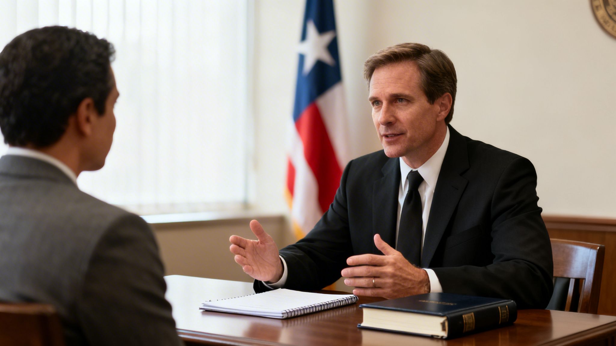 Two men in suits at a desk, one speaking and gesturing with an American flag in the background.