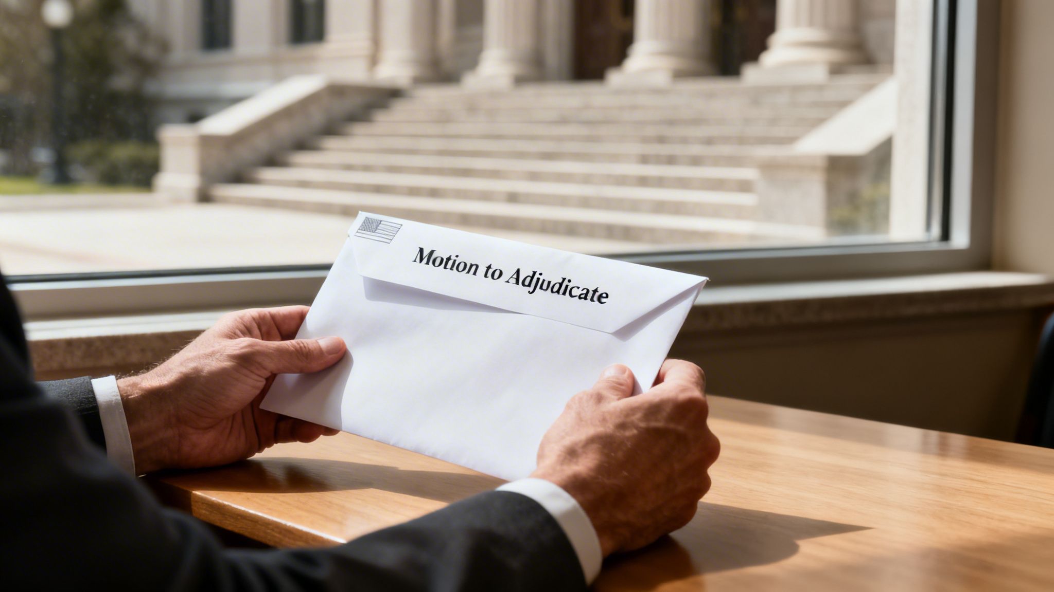 Person in a suit holds an envelope labeled 'Motion to Adjudicate' with a courthouse in the background.