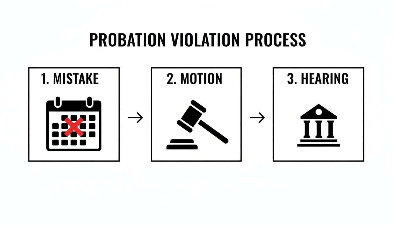 A flowchart illustrates the probation violation process, detailing three steps: mistake (calendar), motion (gavel), and hearing (courthouse).