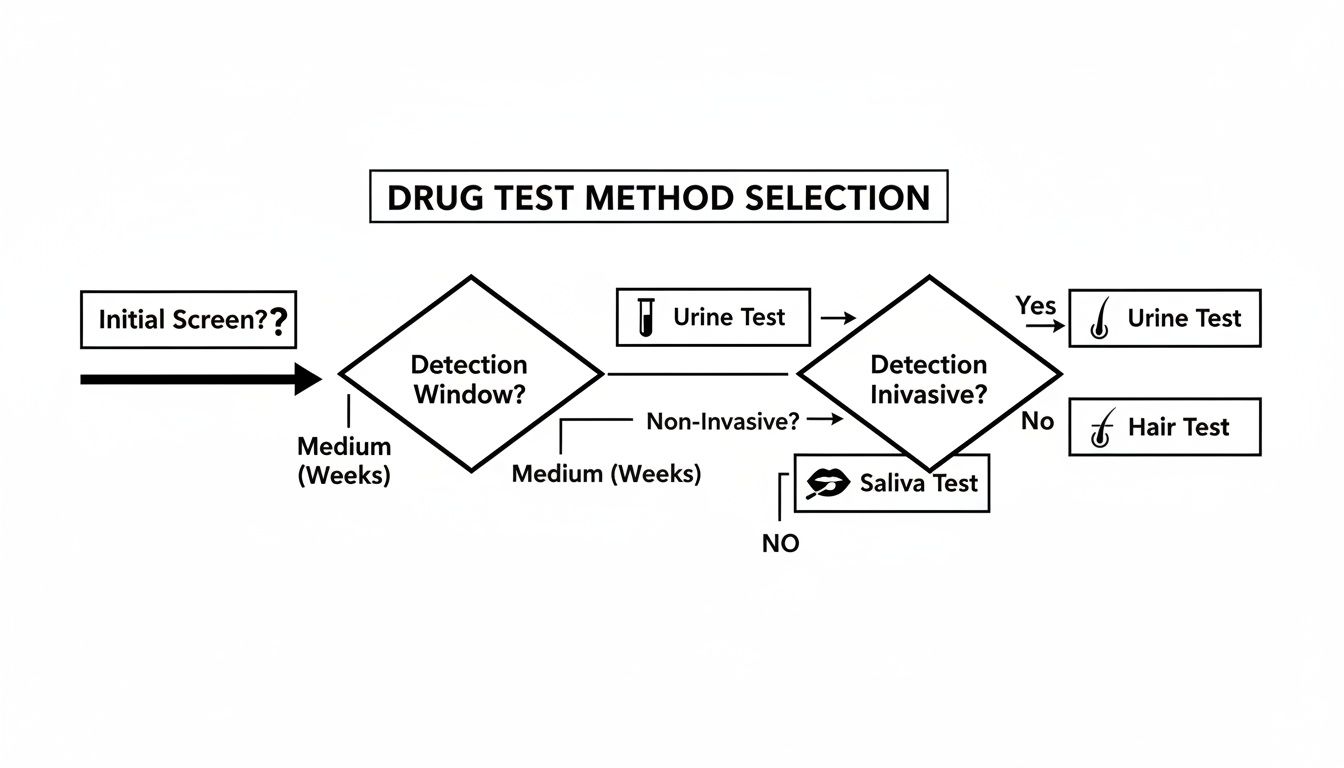 A flowchart for drug test method selection, considering initial screen, detection window (weeks), and invasiveness for urine, saliva, or hair tests.