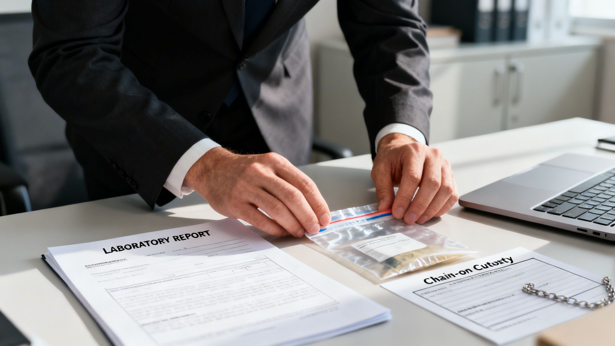 A professional in a suit handles a sealed evidence bag, a laboratory report, and a chain-of-custody form.
