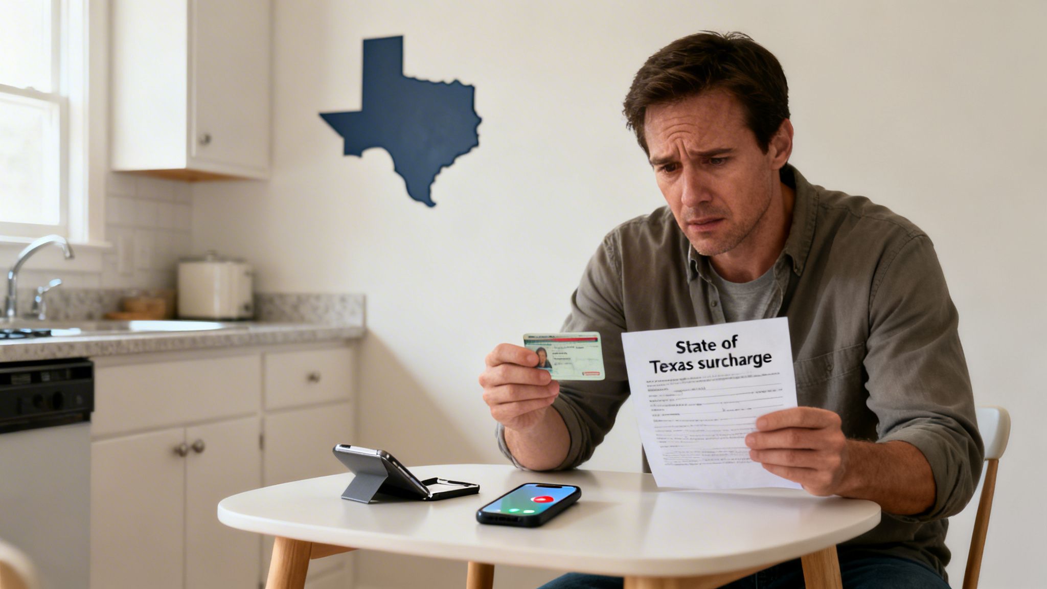 A worried man holding a 'State of Texas surcharge' document and an ID card, with a Texas map on the wall.