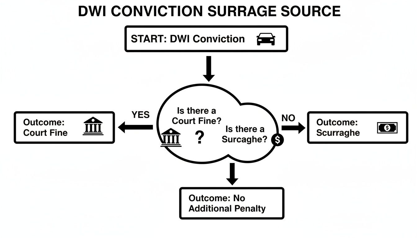 Flowchart details DWI conviction outcomes, querying court fines and 'Surraghe', leading to fine, 'Scurraghe', or no penalty.
