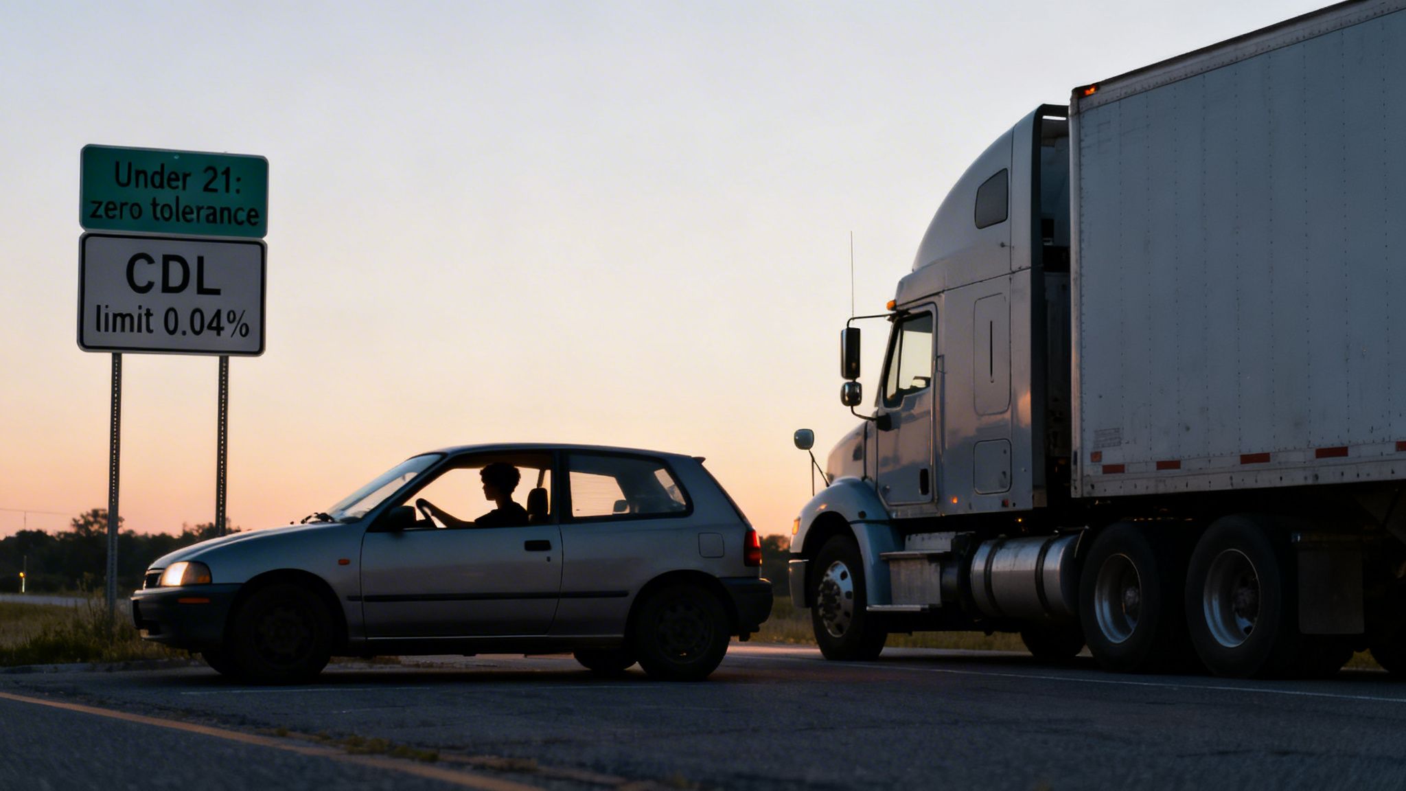 A car and a semi-truck on a road next to a sign about alcohol limits.