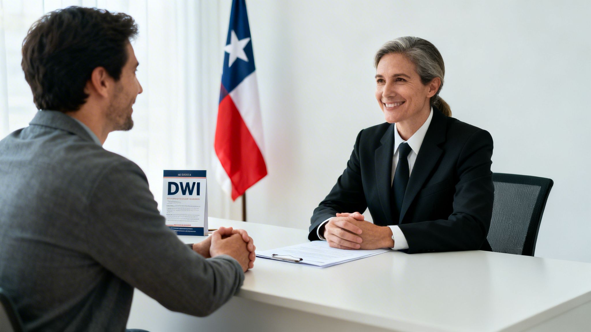 A lawyer in a suit smiles at a client across a desk with a DWI sign and a Texas flag.