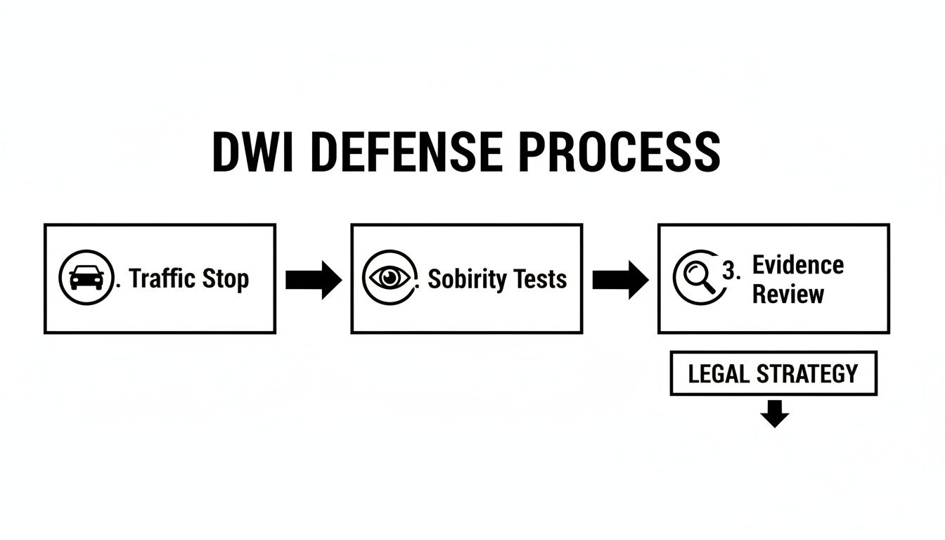 Flowchart outlining the DWI defense process: traffic stop, sobriety tests, evidence review, and legal strategy.