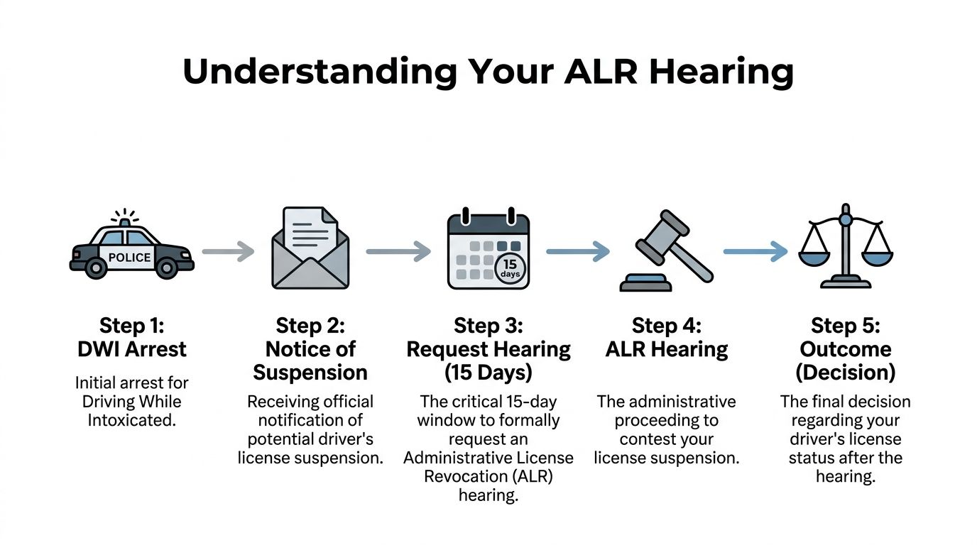 A five-step flowchart explaining the administrative license revocation process following a DWI arrest in Texas.