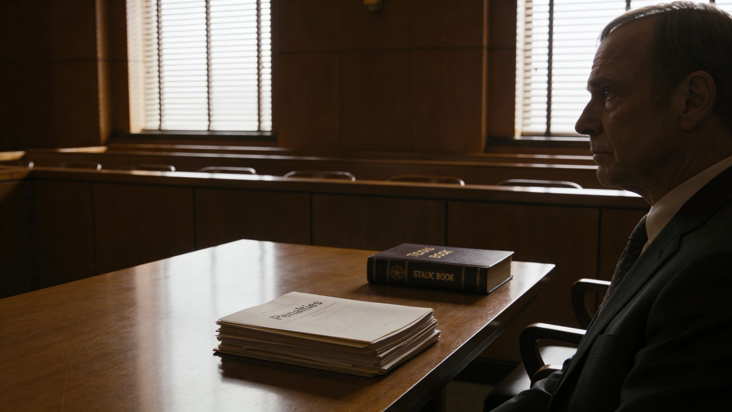 A serious-looking attorney sits at a courtroom table next to a thick stack of legal penalty documents.