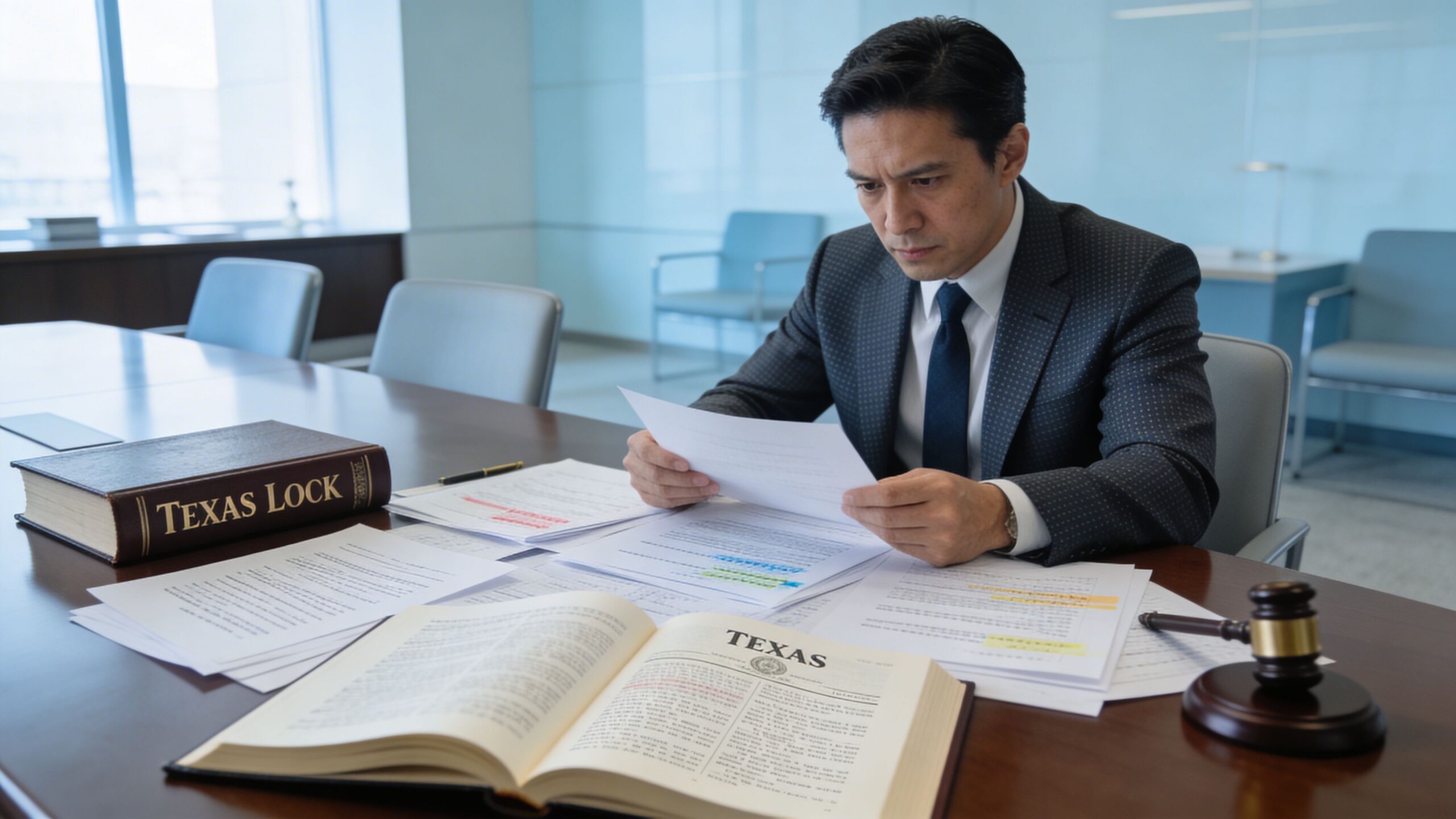 A professional man in a suit sits at a desk reviewing legal documents in a law office.