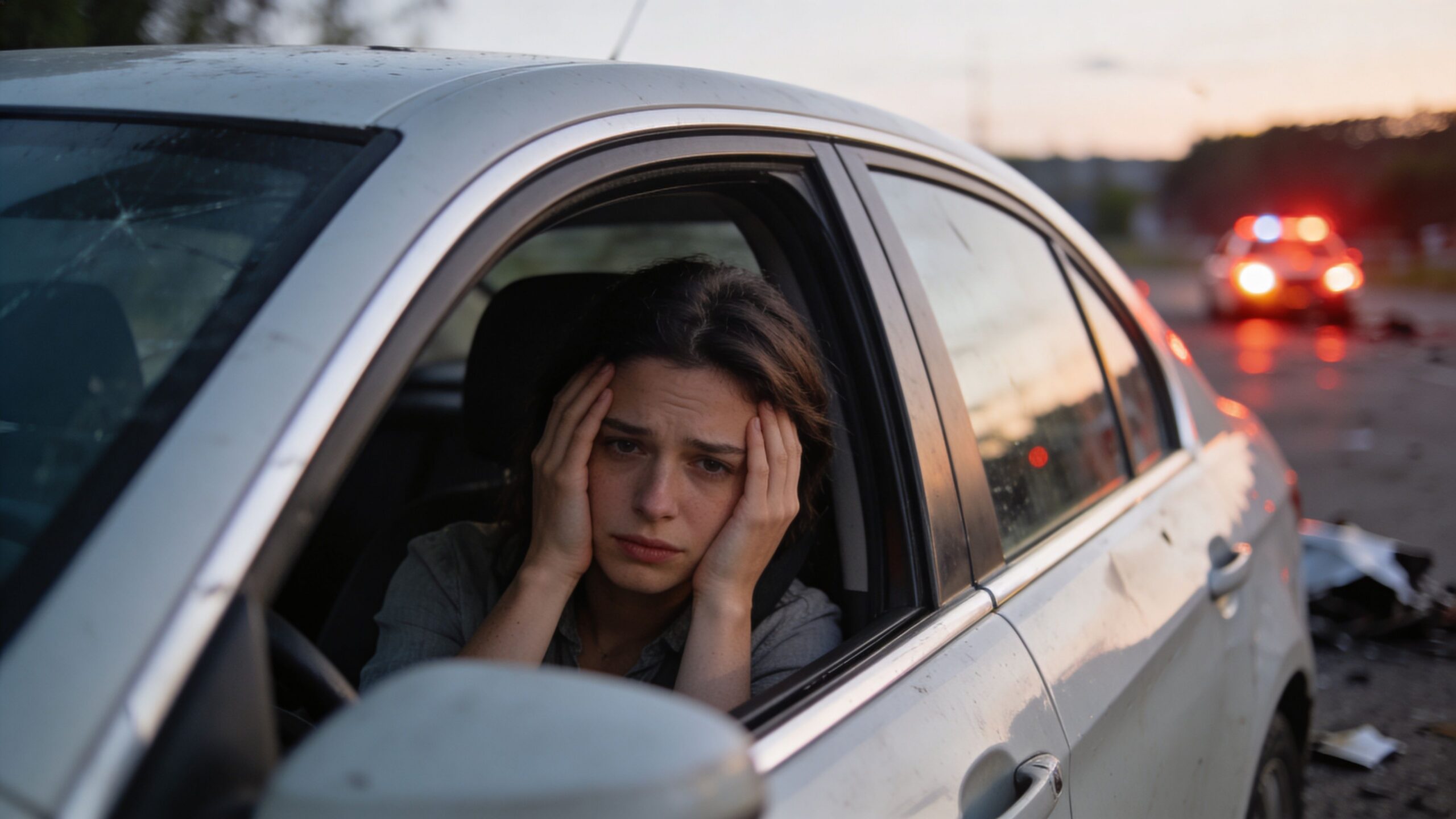 A distressed young woman sitting in her car after an accident with emergency lights in background.