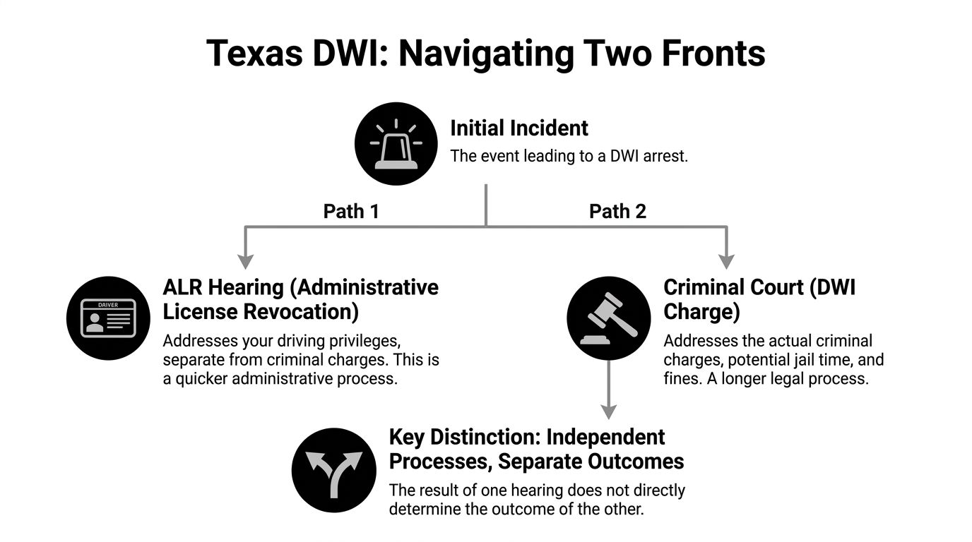 A flowchart explaining the two separate legal paths of a Texas DWI case: administrative and criminal.