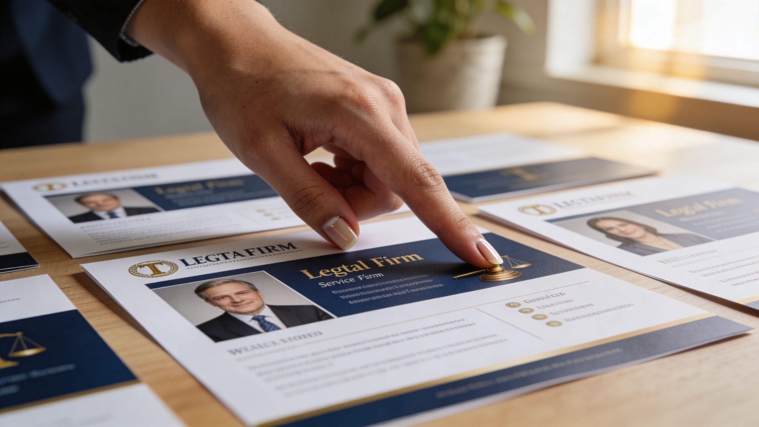 A professional person points at a legal firm brochure with a lawyer portrait on a wooden desk.