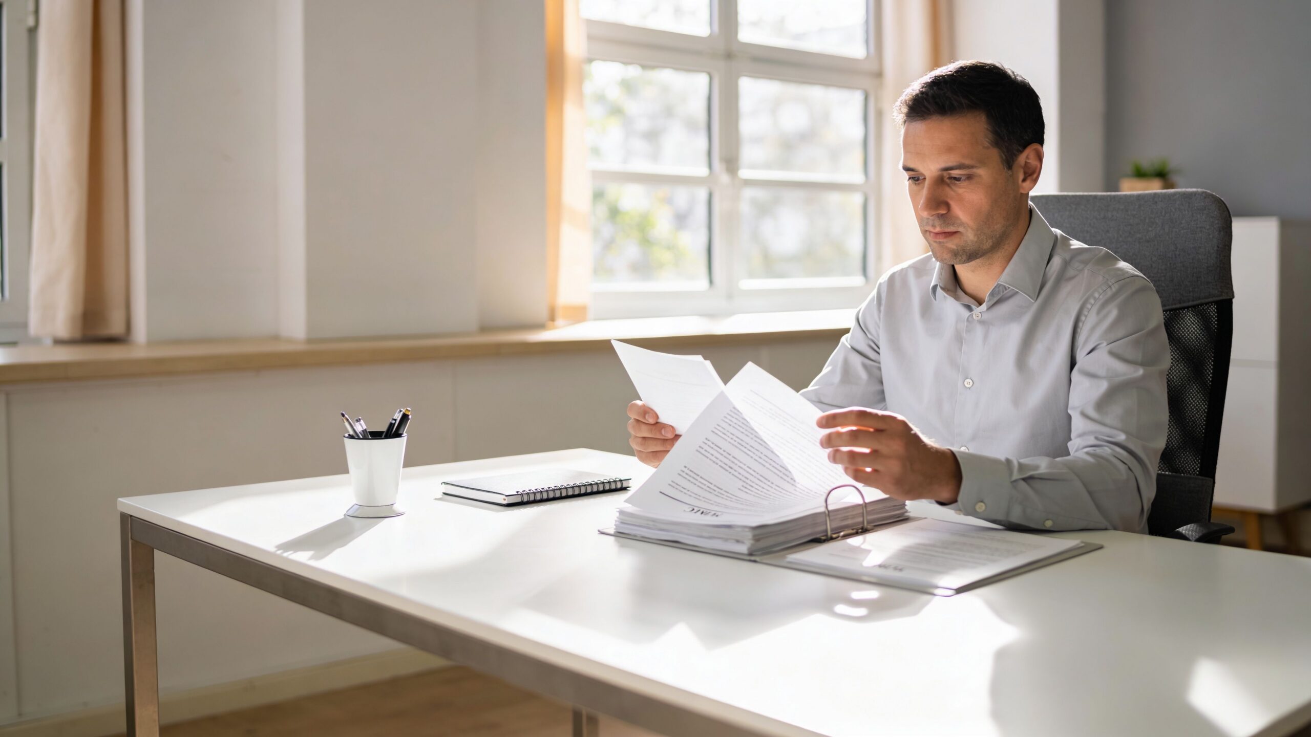 A focused professional male reviewing important documents and legal paperwork at his clean office desk.