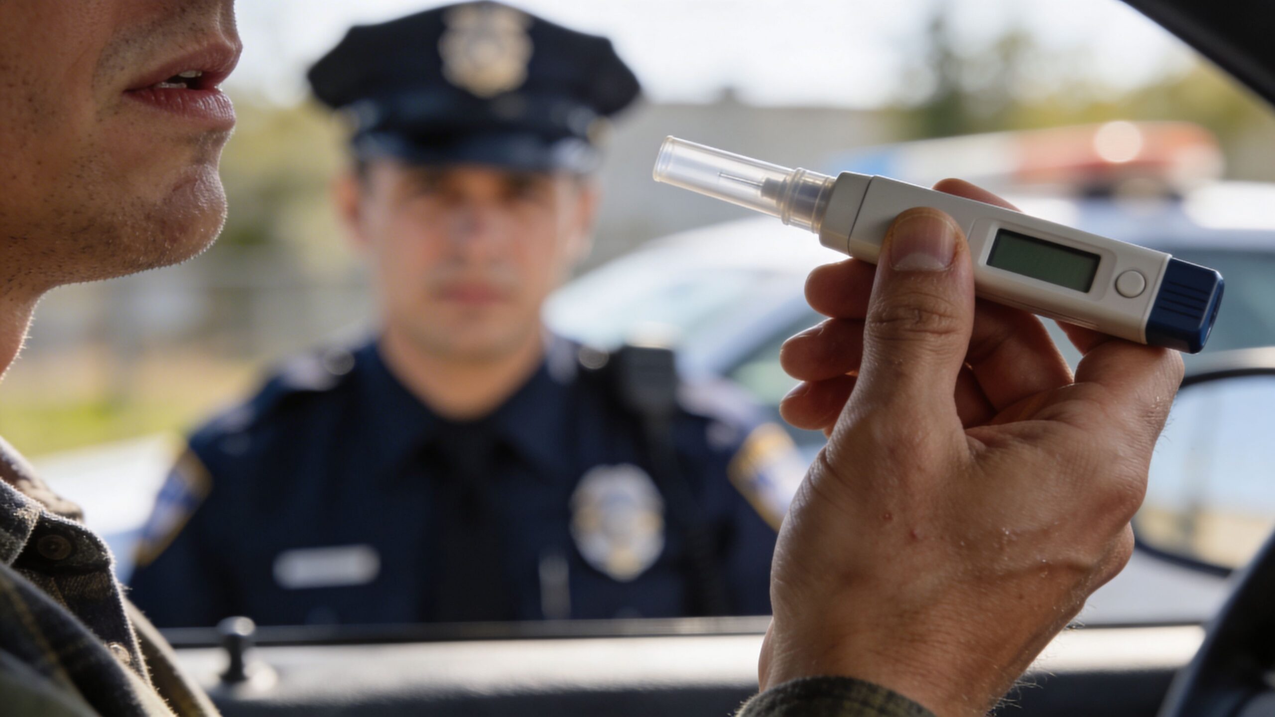 A man blows into a handheld breathalyzer while a police officer observes from outside the car.
