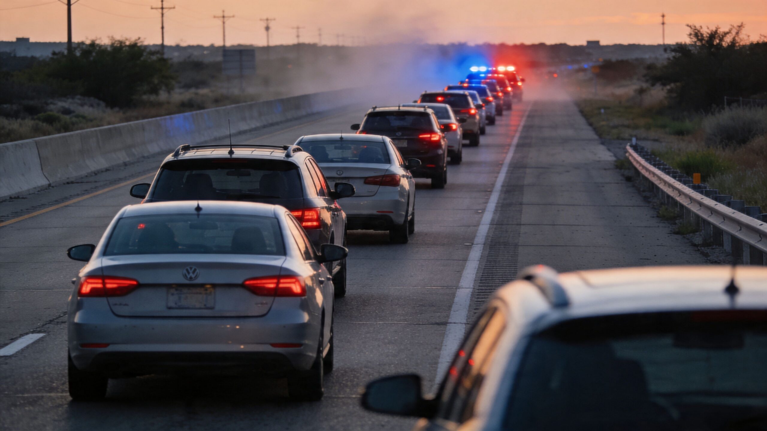 A long line of traffic stopped on a highway during a sunset with police lights ahead.