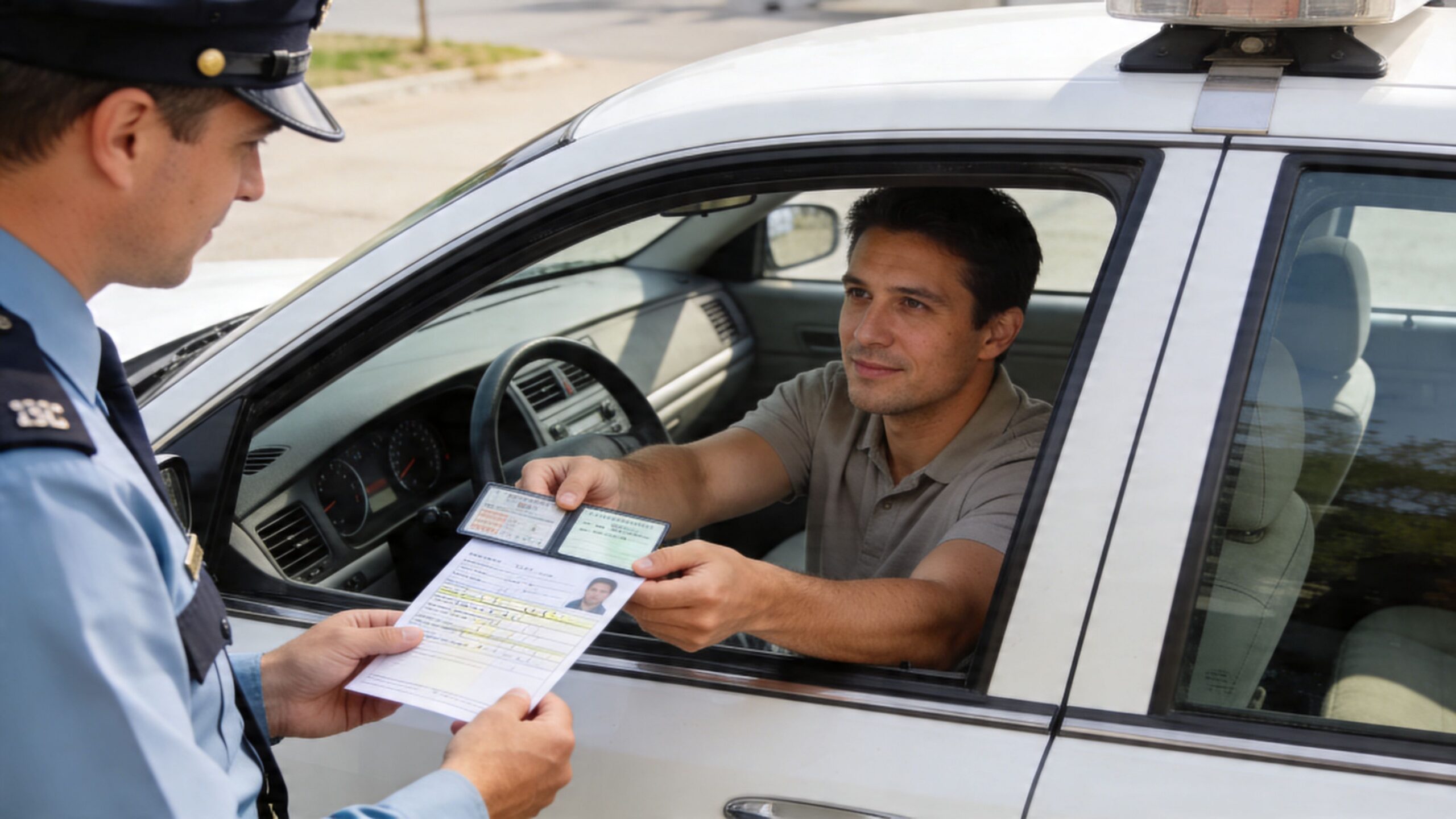 A police officer inspecting a driver's documents through the open window of a white patrol car.