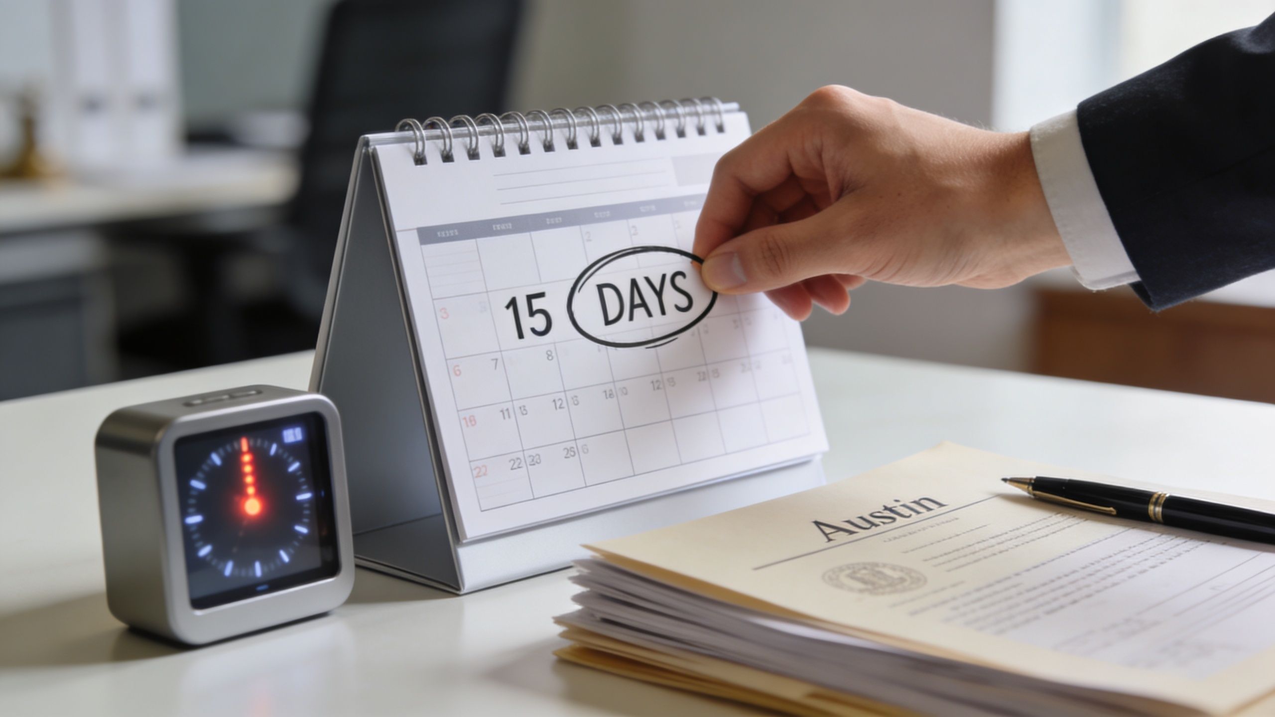 A close-up view of an office desk with a calendar showing 15 days, a clock, and legal documents.