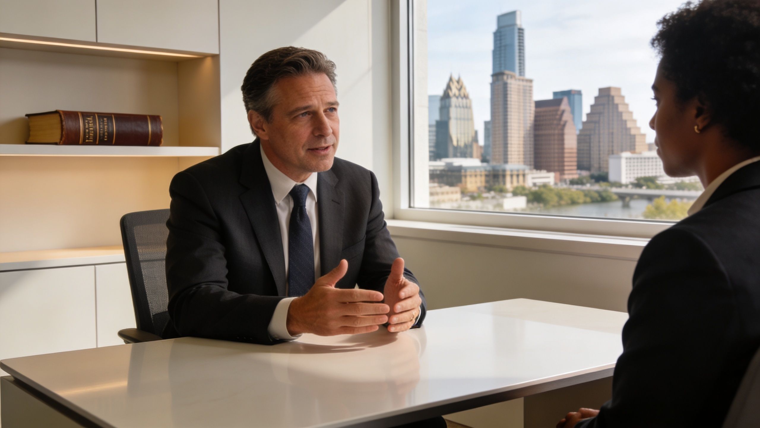 A professional lawyer consults with a client in an office overlooking the Austin skyline in Texas.