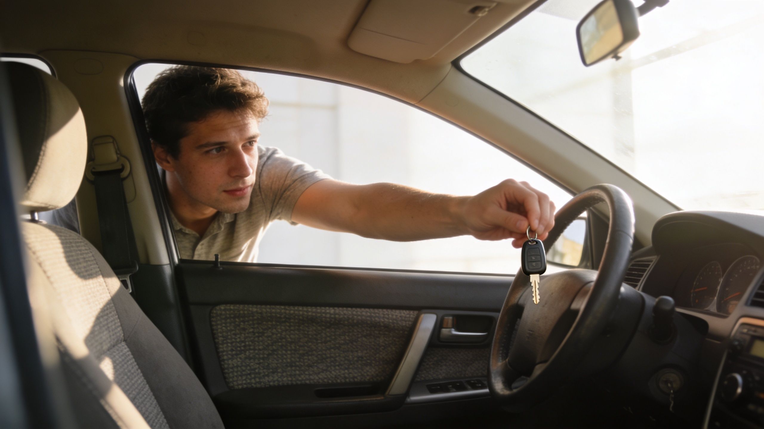A young man reaching through an open car window while holding a car key in his hand.