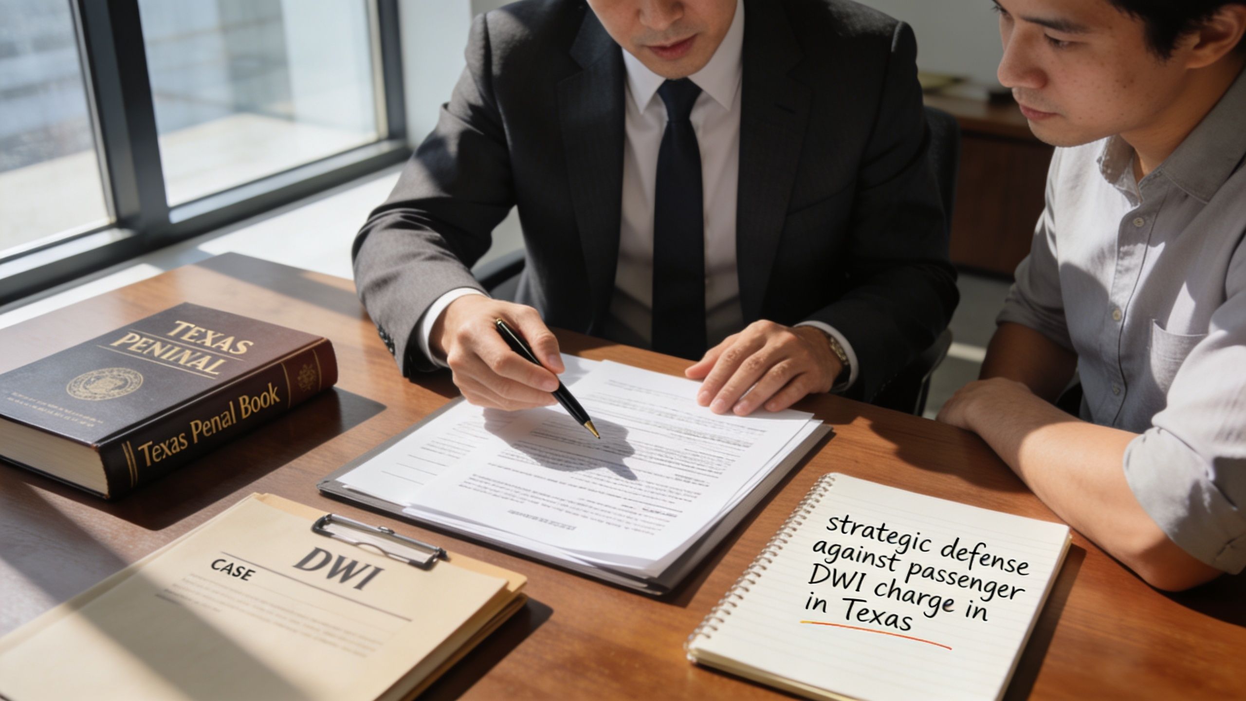 A lawyer explains legal documents to a client in an office regarding a Texas DWI passenger case.