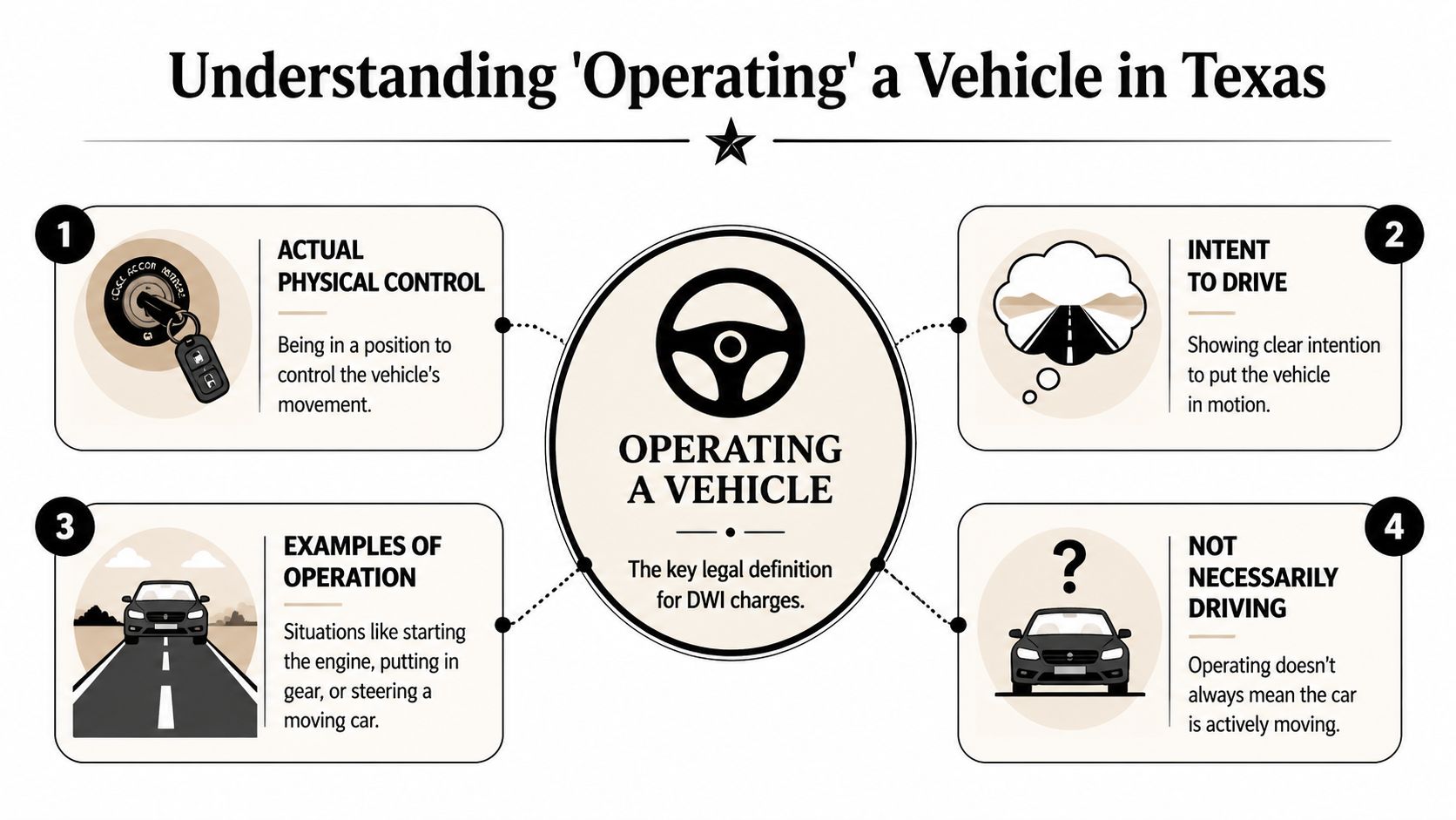 An infographic explaining the legal definition of operating a vehicle for DWI charges in Texas.