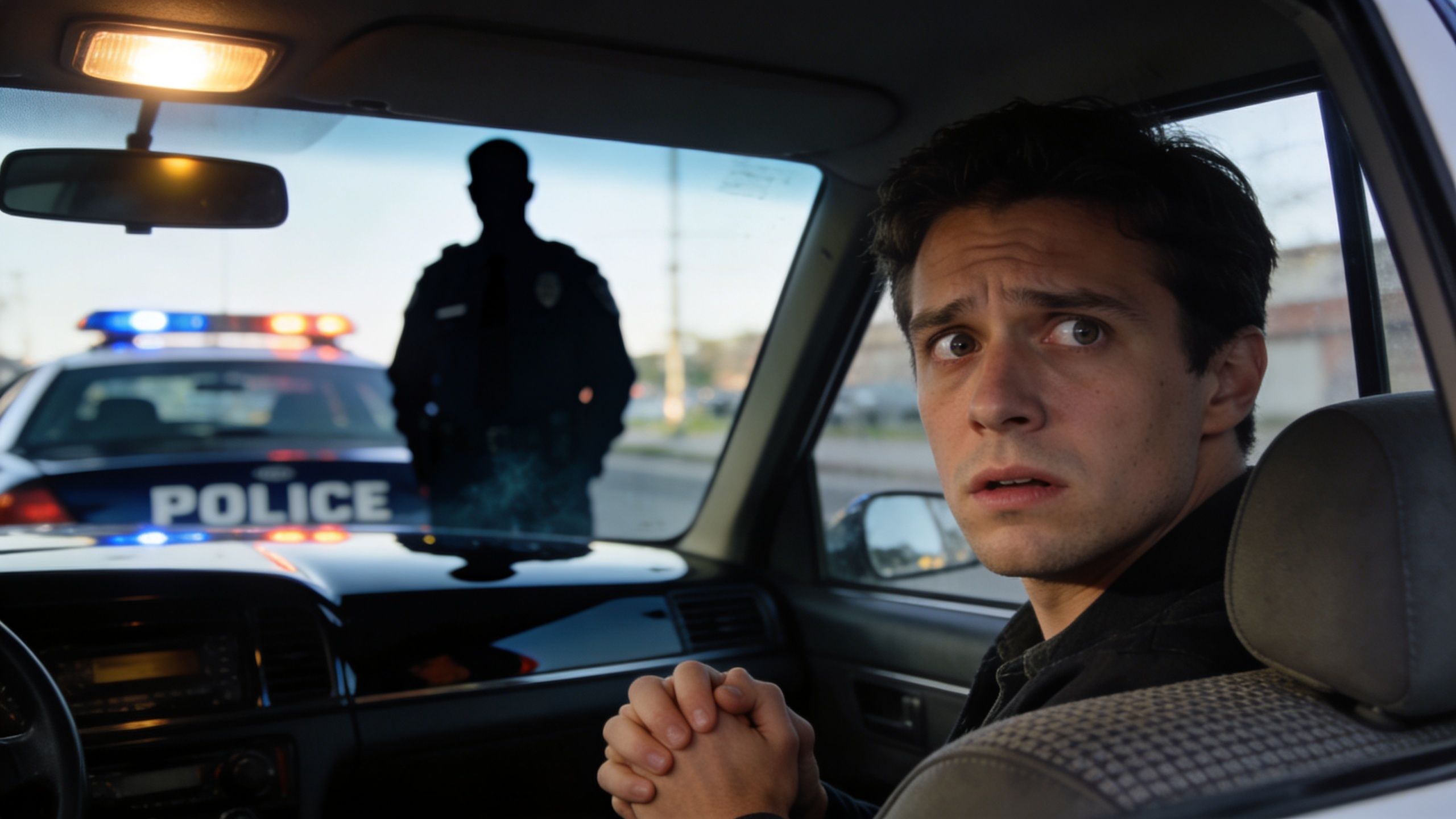A nervous driver watches a police officer approaching his car during a traffic stop on a road.