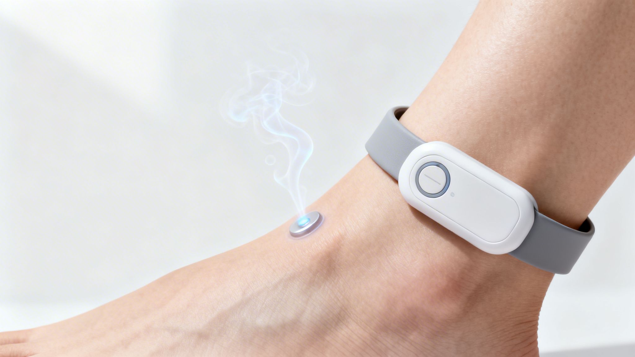 A person's ankle wears a grey and white wearable device with a glowing disc emitting blue vapor.