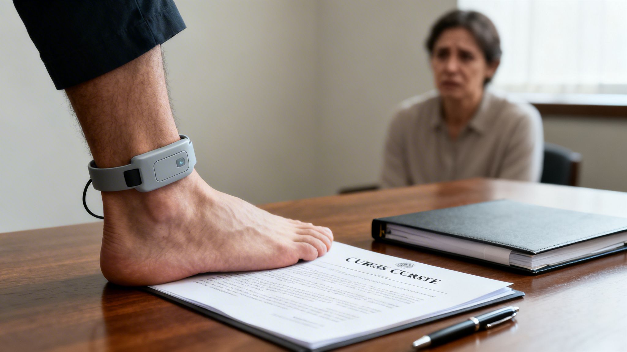 Person with an electronic ankle monitor on their foot, legal documents, and a distressed woman in the background.