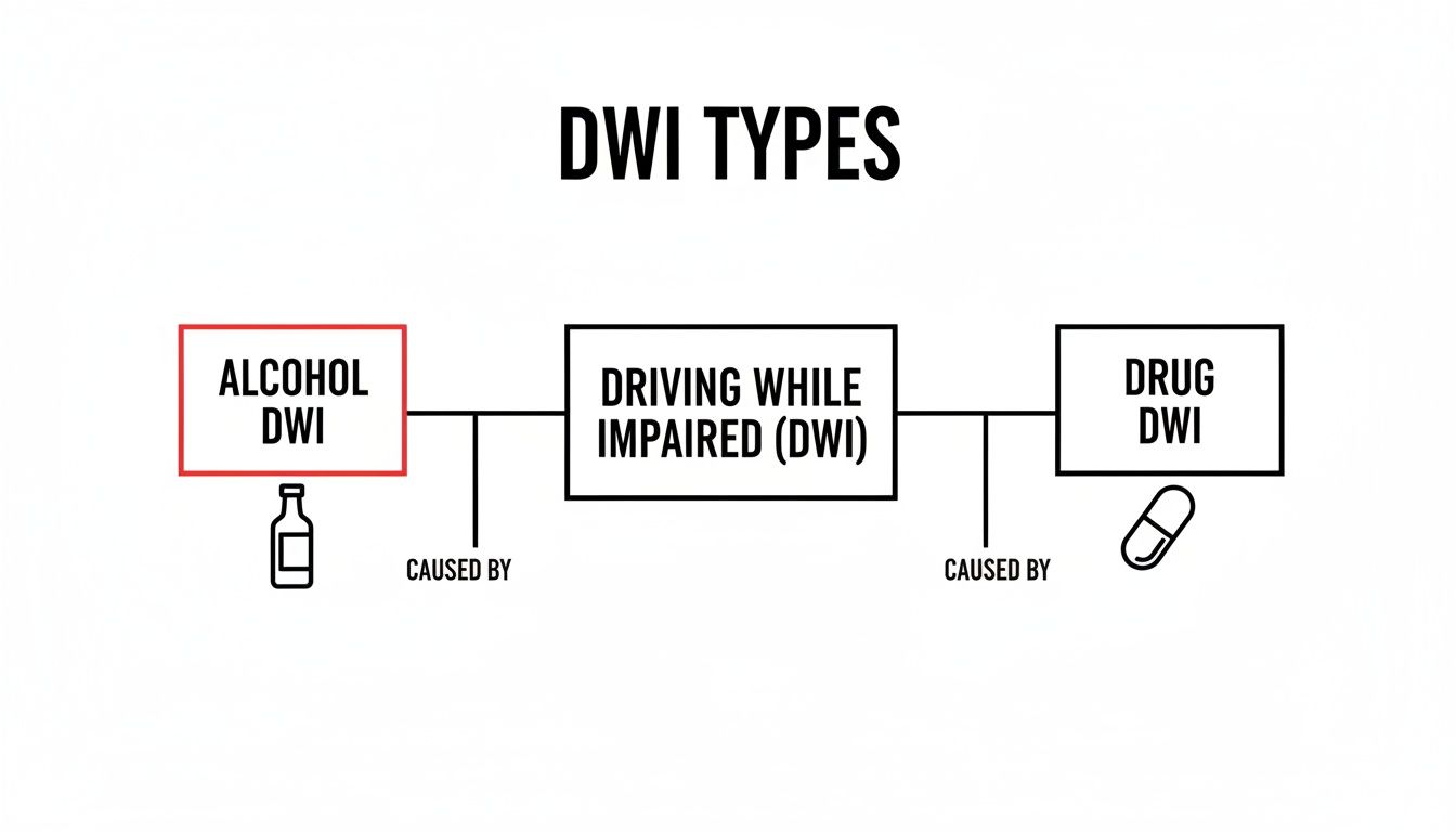 Diagram illustrating DWI types, showing Alcohol DWI and Drug DWI caused by Driving While Impaired.