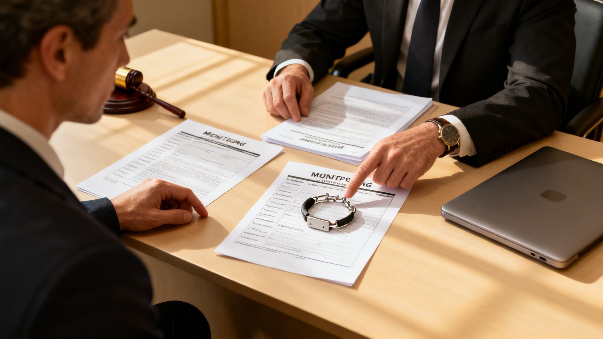 Two men discuss documents and a monitoring bracelet at a desk, with a gavel nearby.