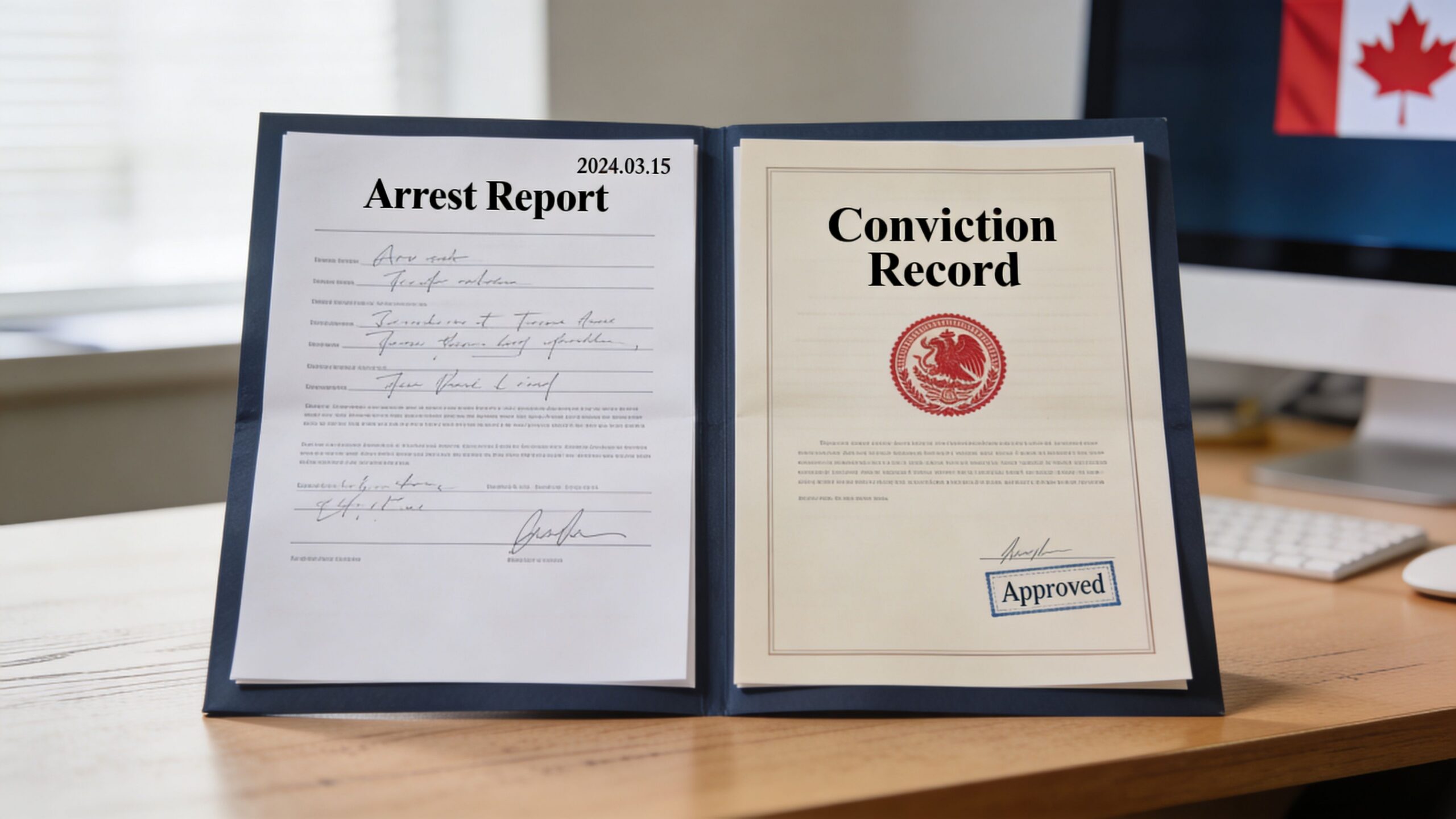 An open folder displaying an arrest report and a conviction record document on a wooden office desk.