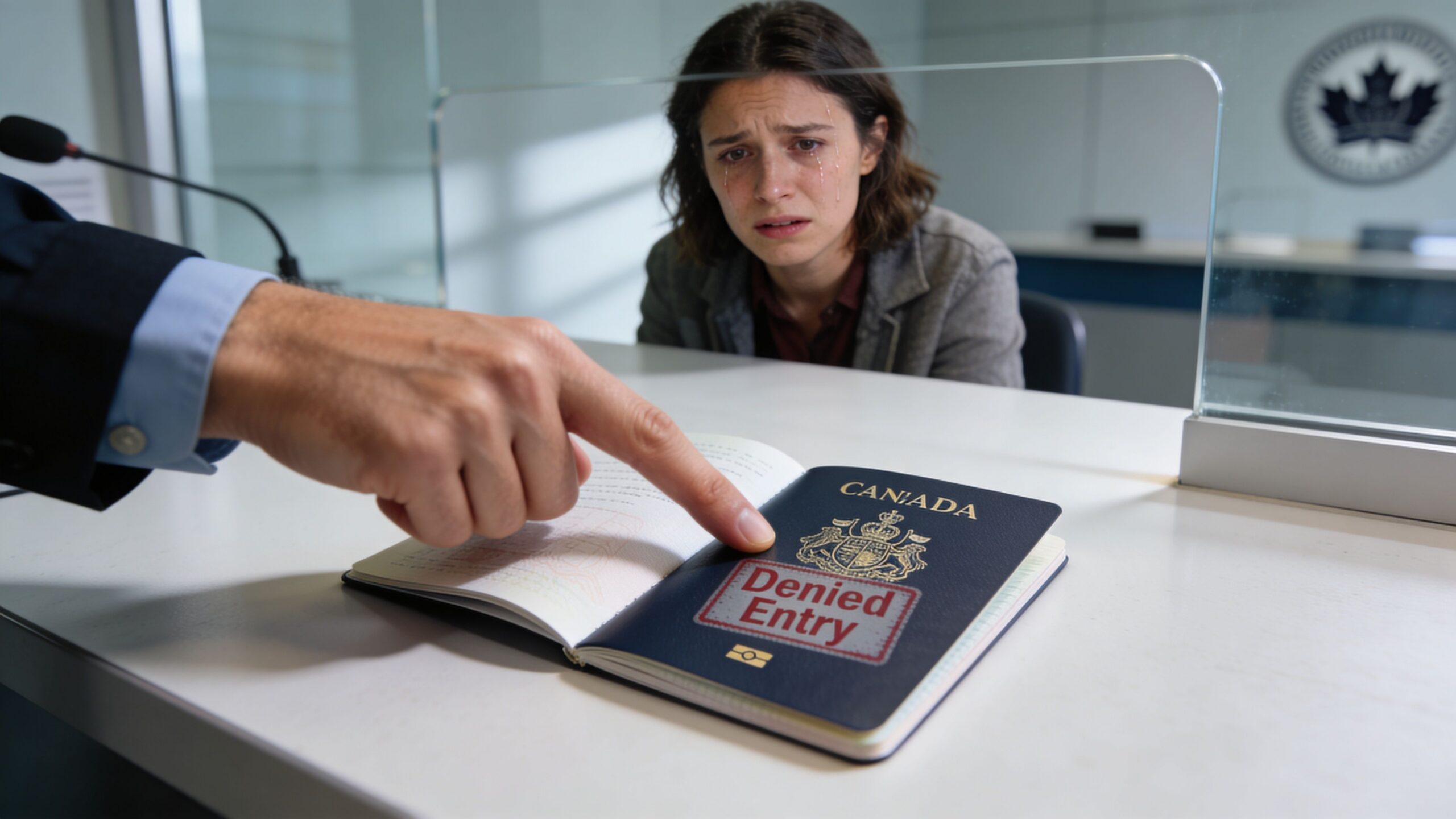 A distraught woman is denied entry to Canada as an immigration officer points at her passport.