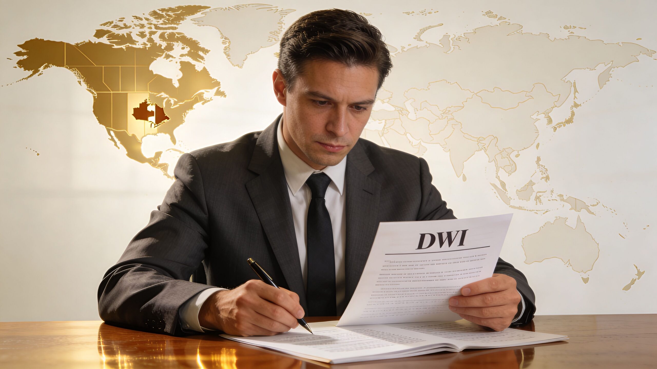 A professional man in a suit signs a legal document labeled DWI in front of a world map.