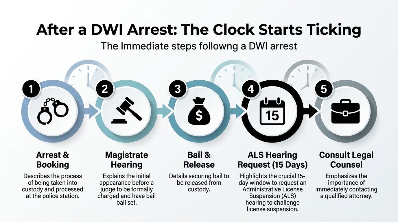 A flowchart infographic showing five steps to take following a DWI arrest, including legal consultation and hearings.