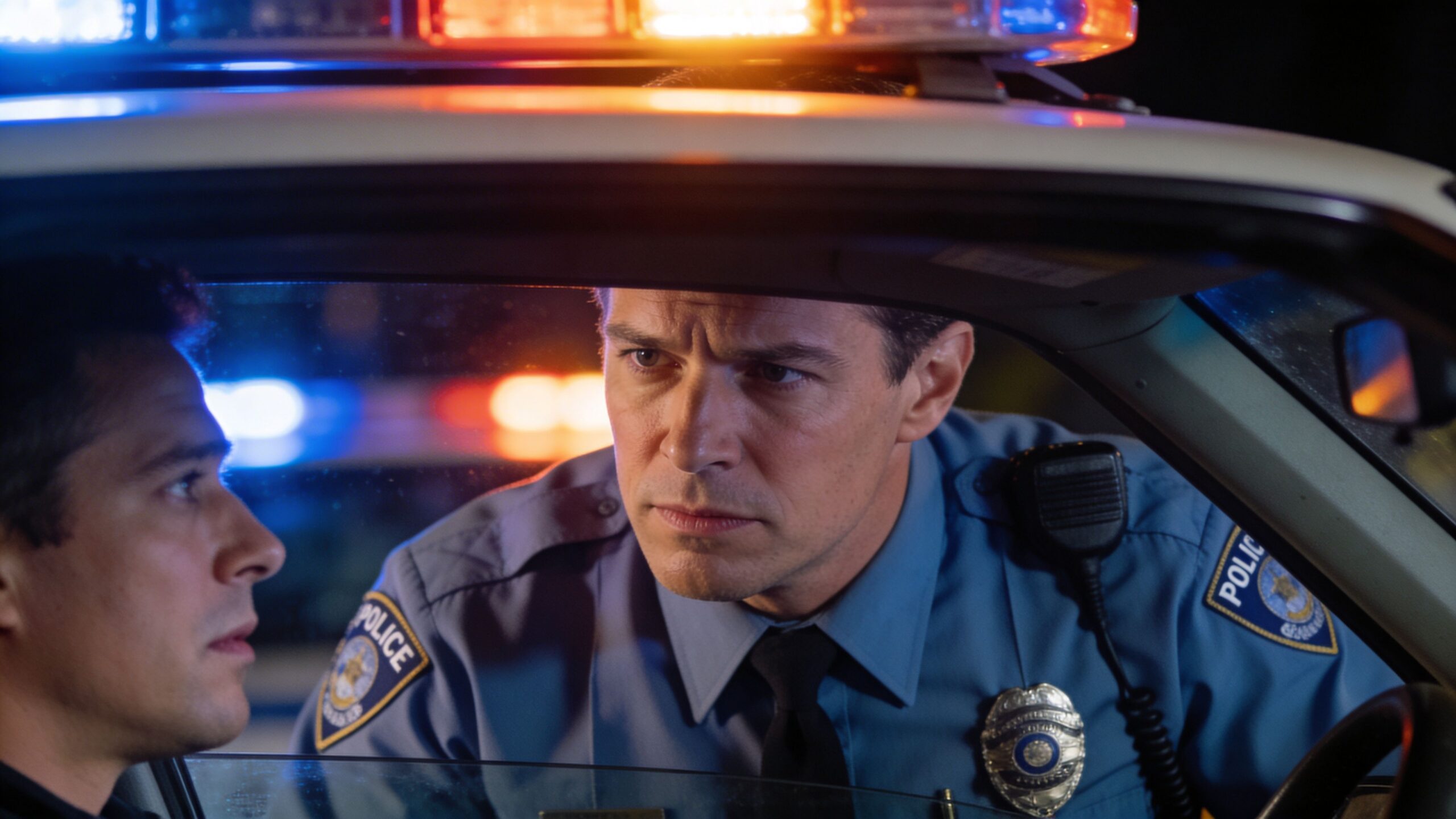 A police officer leans through a car window to speak with the driver during a traffic stop.
