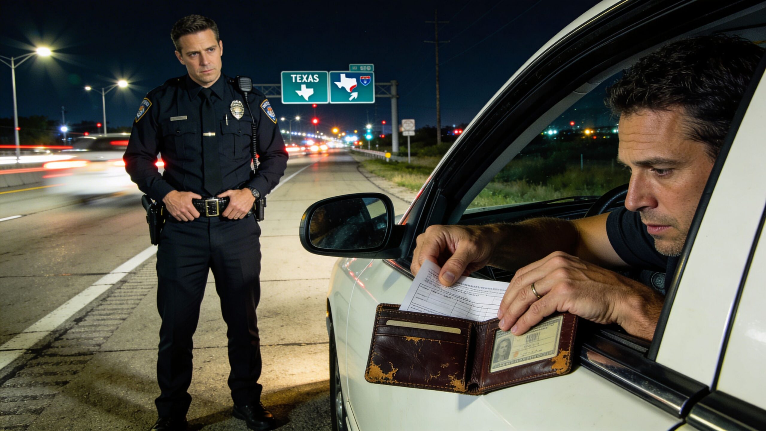 A police officer stands outside a car while a driver retrieves his identification and documents at night.