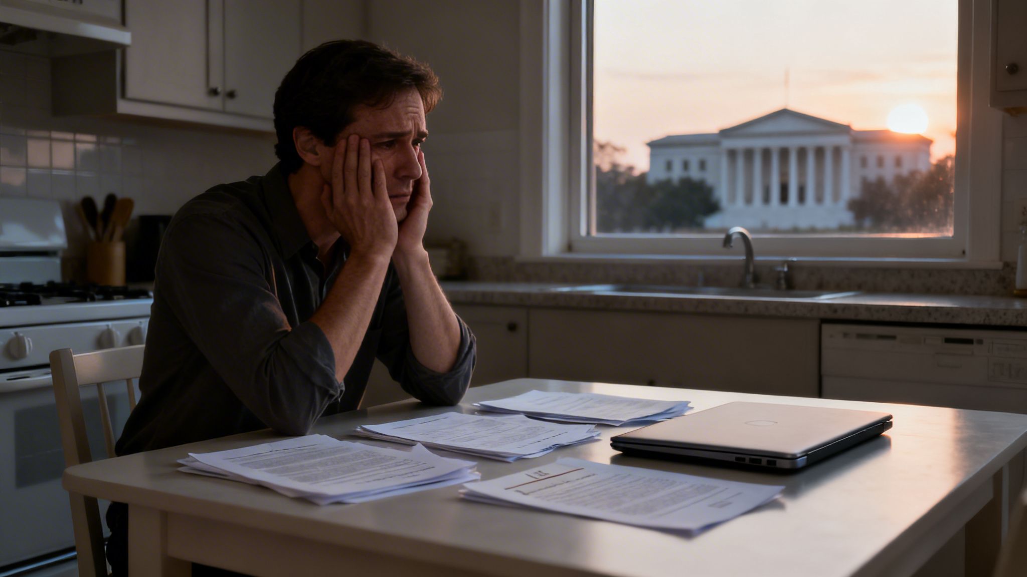 Distressed man at kitchen table with legal papers, laptop, and courthouse in background at sunset.